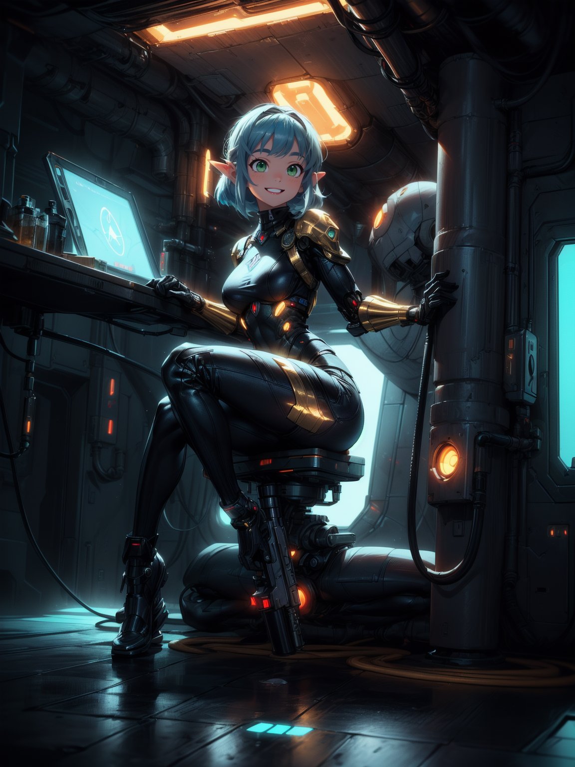 {(Princess Zelda - Cyborg)},  {((wearing a black futuristic costume with extremely tight and tight golden parts on the bod...