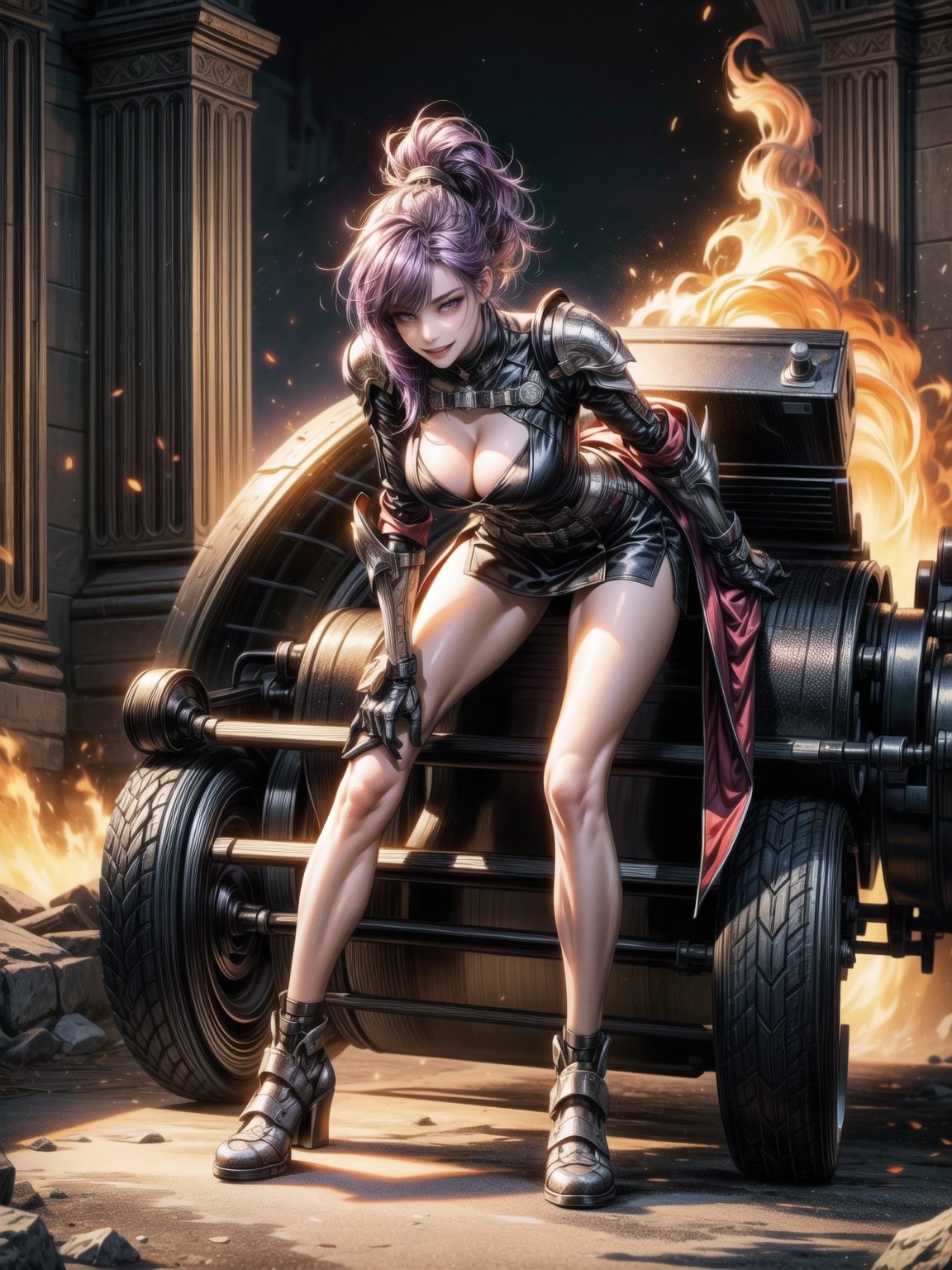 A woman, wearing white cybernetic armor with tight and tight red areas, gigantic breasts, wearing helmet with visor, purple hair, extremely short hair, rebellious hair, hair with ponytail, hair with bangs in front of the eye, looking at the viewer, (((sensual pose+Interacting+leaning on anything+object+leaning against))), on a battlefield with machines, stone structures, military vehicles, fire everywhere, ((full body):1.5), 16K, UHD, unreal engine 5, quality max, max resolution, ultra-realistic, ultra-detailed, maximum sharpness, ((perfect_hands):1), Goodhands-beta2, ((technological))