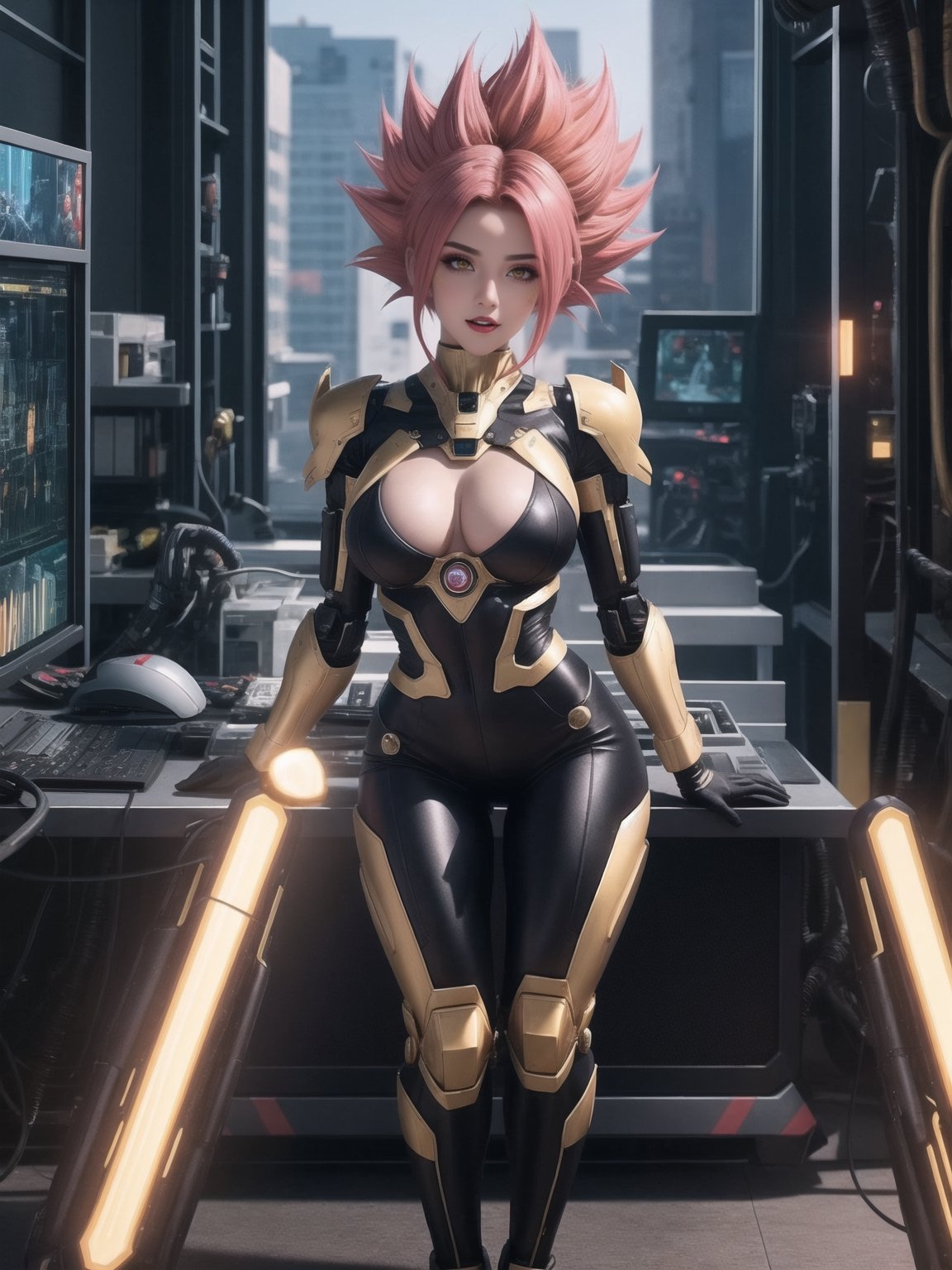 A woman, wearing an all-black mecha costume, mecha costume with golden parts, mecha costume with golden lights, mecha costume very tight on the body, wearing a mecha helmet with a transparent visor with lights, gigantic breasts, pink hair, ((super saiyan hair)), spiky hair, very short hair, messy hair, hair with bangs in front of the eyes, (looking directly at the viewer),  she's in a futuristic lab, computers, machines, destroyed robot, window showing the city, 16K, UHD, best possible quality, ultra detailed, best possible resolution, Unreal Engine 5, professional photography, she is, ((sensual pose with interaction and leaning on anything + object + on something + leaning against)) + perfect_thighs, perfect_legs, perfect_feet, better_hands, ((full body)), More detail,