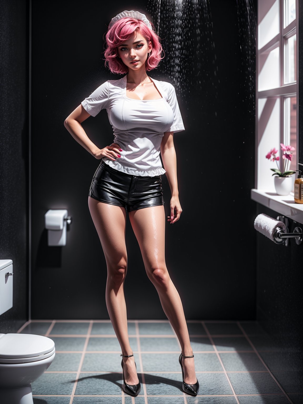 {((1woman))}, only she is {((wearing black maid attire, extremely short and tight white shorts on the body)), only elá has ((giant breasts)), ((very slick pink short hair, blue eyes)), ((staring at the viewer, smiling)), ((pose, in a bathroom, shower, bath, toilet, sink, window, bathroom full of foam))}, ((full body):1.5), 16k, best quality, best resolution, best sharpness,