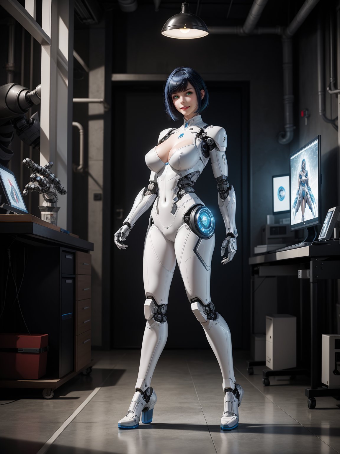 A robot-woman, wearing white wick suit with black metal parts, very large breasts, blue hair, short hair, hair with bangs in front of the eyes, looking at the viewer, (((erotic pose interacting and leaning [on something in the environment|on an object]))), in a laboratory with several computers, machines, windows, large luminous pipes, ((full body):1.5), 16k,  UHD, best possible quality, ultra detailed, best possible resolution, Unreal Engine 5, professional photography, well-detailed fingers, well-detailed hand, perfect_hands, ((robot-woman))