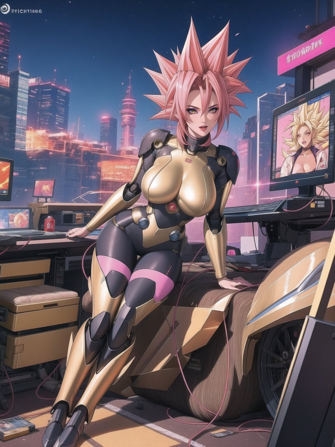 A woman, wearing an all-black mecha costume, mecha costume with golden parts, mecha costume with golden lights, mecha costume very tight on the body, wearing a mecha helmet with a transparent visor with lights, gigantic breasts, pink hair, ((super saiyan hair)), spiky hair, very short hair, messy hair, hair with bangs in front of the eyes, (looking directly at the viewer),  she's in a futuristic lab, computers, machines, destroyed robot, window showing the city, 16K, UHD, best possible quality, ultra detailed, best possible resolution, Unreal Engine 5, professional photography, she is, ((sensual pose with interaction and leaning on anything + object + on something + leaning against)) + perfect_thighs, perfect_legs, perfect_feet, better_hands, ((full body)), More detail,