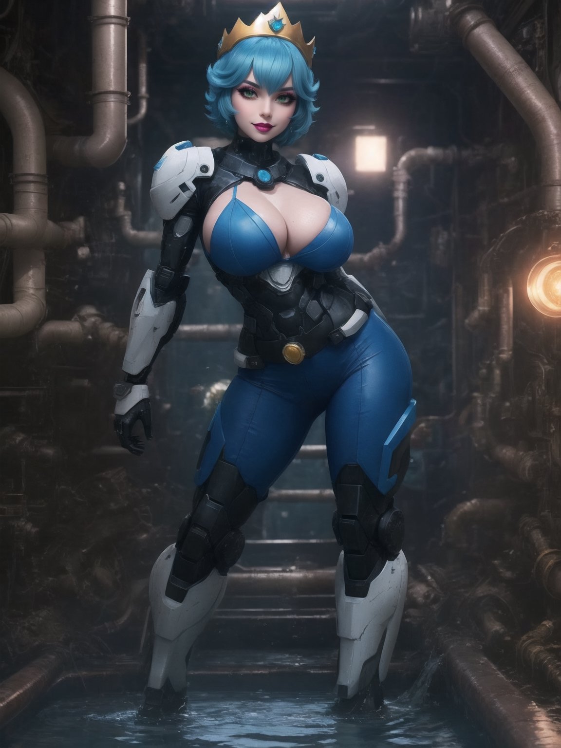 [Princess Peach], has gigantic breasts, wearing mecha costume with parts in blue, mecha costume totally white, mecha costume very tight on the body, ((wearing a crown+cyber helmet)), short hair, blue hair, mohawk hair, hair with bangs in front of her eyes, she is in the sewer, with many pipes coming out water, luminous pipes, large pipe structures, dirty water waterfall, Super Mario Bros, 16K, UHD, best possible quality, ultra detailed, best possible resolution, ultra technological, futuristic, robotic, Unreal Engine 5, professional photography, she is, ((sensual pose with interaction and leaning on anything + object + on something + leaning against)), perfect anatomy, ((full body)), More detail, better_hands.