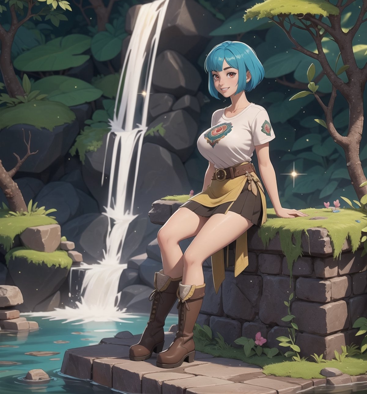 ((Masterpiece in maximum 16K resolution, with the realistic style emphasizing precise textures and details)). | A beautiful 24-year-old mature woman, with short blue hair and large bangs in front of her left eye, is in an ancient temple inside a waterfall, surrounded by various Aztec structures and figurines. She wears a white t-shirt, a short red accordion skirt, brown leather boots, and a black leather belt. Her outfit highlights her gigantic breasts. She looks directly at the viewer with red eyes and smiles evilly, showing her teeth. | The setting includes ancient stone structures, Aztec figurines, tropical vegetation, and falling water in the foreground, with moss-covered stone walls and roots in the midground. | Three-dimensional composition with a medium angle, highlighting the woman's figure and the mystical environment. | With cinematic lighting and elements such as sparkles, soft lighting, softness and particles add dynamism. | Scene of a beautiful mature woman in an ancient temple inside a waterfall, surrounded by various Aztec structures and figurines. | The camera is positioned very close to her, revealing her entire body as she assumes a sensual pose, interacting with and leaning against a structure in the scene in an exciting way. | (((She takes a sensual pose as she interacts, boldly leaning on a structure, leaning back in an exciting way.))), (((((full-body image))))), ((perfect pose, perfect anatomy, perfect body)), ((better hands, perfect fingers, perfect legs, perfect hands)), (((gigantic breasts))), (((perfect composition, perfect design, perfect layout, correct imperfections))), ((More Detail, Enhance)), toon