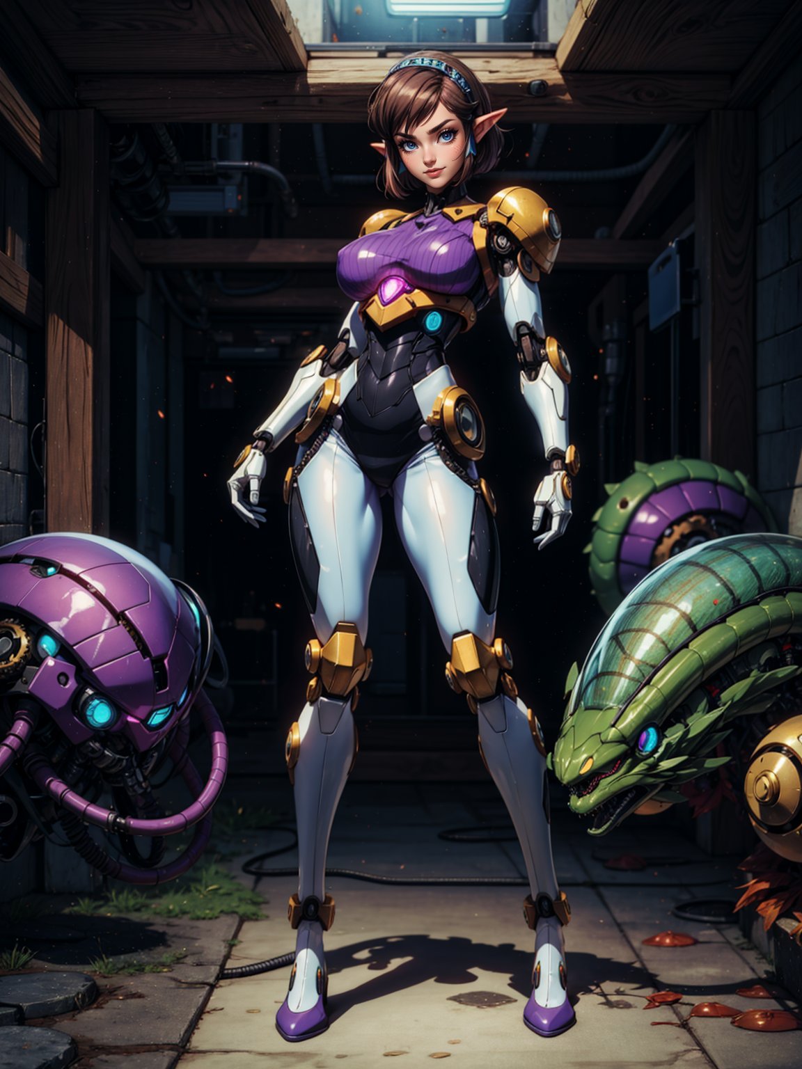 {(Princess Zelda)},  only she is {((white mecha suit with black part,  mechanical gears and cybernetic parts by Ryumaru on...