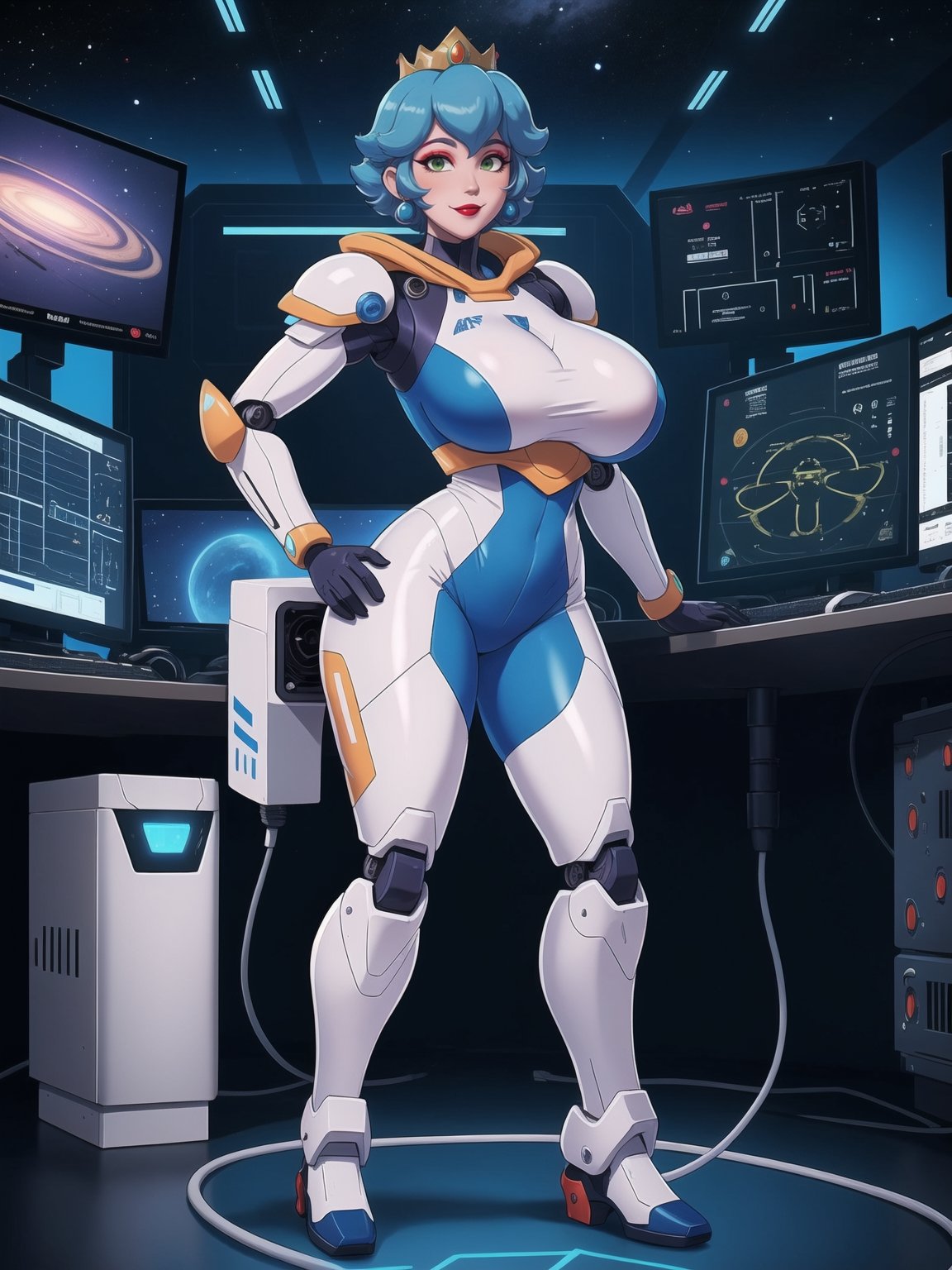 ((Princess Peach)), wearing a mecha suit with blue parts, all white suit, cybernetic armor suit, suit with attached lights, ((gigantic breasts)), full body covering suit, suit very tight on the body, synthetic suit, very short hair, blue hair, mohawk hair, hair with bangs in front of the eyes, she's looking directly at the viewer, she is in an alien aircraft in the control room, with many computers, control panels, display showing outer space, mecha robots, pipes with flowing electricity, UHD, best possible quality, ultra detailed, best possible resolution, ultra technological, futuristic, robotic, Unreal Engine 5, professional photography, ((she is doing sensual pose with interaction and leaning on anything+object+on something+leaning against)), ((full body)), better hands, More detail,