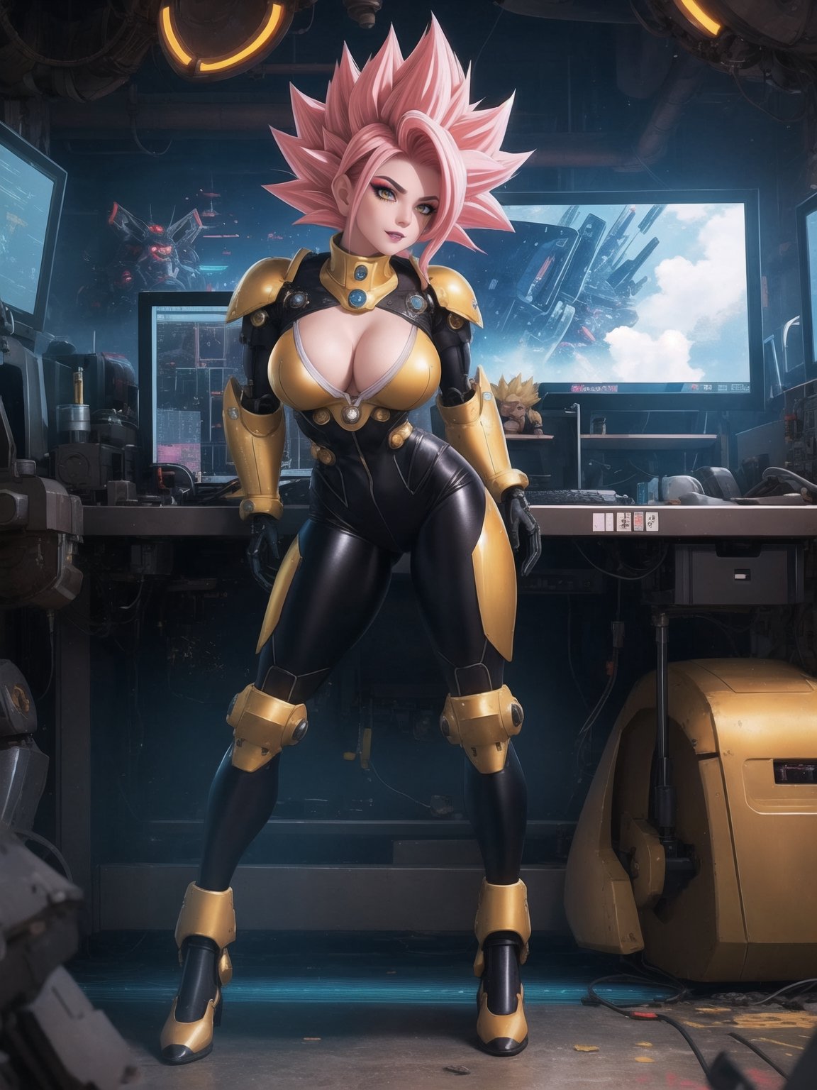 A woman, wearing an all-black mecha costume, mecha costume with golden parts, mecha costume with golden lights, mecha costume very tight on the body, wearing a mecha helmet with a transparent visor with lights, gigantic breasts, pink hair, ((super saiyan hair)), spiky hair, very short hair, messy hair, hair with bangs in front of the eyes, (looking directly at the viewer),  she's in a futuristic lab, computers, machines, destroyed robot, window showing the city, 16K, UHD, best possible quality, ultra detailed, best possible resolution, Unreal Engine 5, professional photography, she is, ((sensual pose with interaction and leaning on anything + object + on something + leaning against)) + perfect_thighs, perfect_legs, perfect_feet, better_hands, ((full body)), More detail,