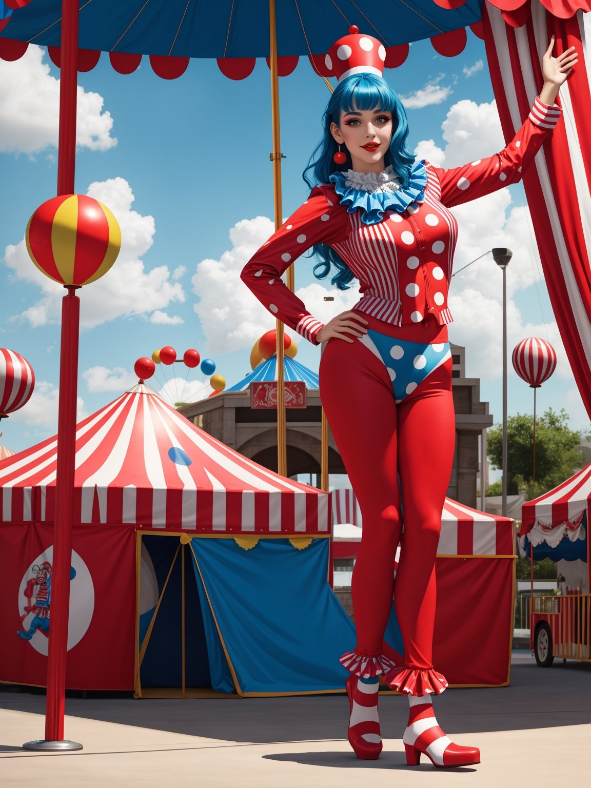 A woman, wearing a circus clown costume in a red suit, white T-shirt with blue polka dots, long red pants, red circus clown shoes, tight and tight clothing on the body, ((gigantic breasts)), blue hair, hair with ponytail, hair straight, hair with bangs in front of the eyes, looking at the viewer, (((pose with interaction and leaning on [something|an object]))), in an amusement park with many food cars, tables, toys, is in the afternoon, beautiful clouds in the sky, ((full body):1.5), 16k, UHD, best possible quality, ultra detailed, best possible resolution, Unreal Engine 5, professional photography, (perfect:0.5), ((well-detailed fingers):0.5), ((well-detailed hand):0.5), ((perfect hands):0.5), ((circus clown))