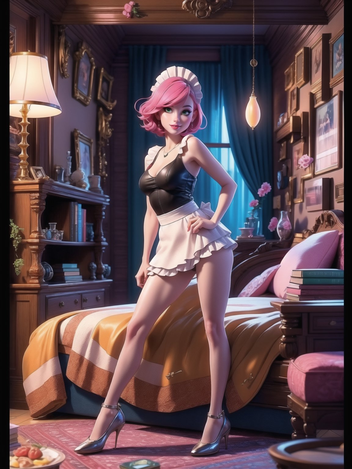 A woman, wearing costume of ((maid)) all black with white parts, white skirt with ruffle, very short hair, pink hair, (mohawk hair), hair with bangs in front of the eyes, (looking at the viewer), (((sensual pose with interaction and leaning on anything + object + on something + leaning against))) in an apartment, with furniture, 1+floor+chair, Plasma TV, refrigerator, table, bed, open window, candles illuminating the place, 16K, UHD, (full body:1.5), unreal engine 5, ultra technological, quality max, max resolution, More detail, ultra-realistic, ultra-detailed, maximum sharpness, perfect_hands, better_hands,