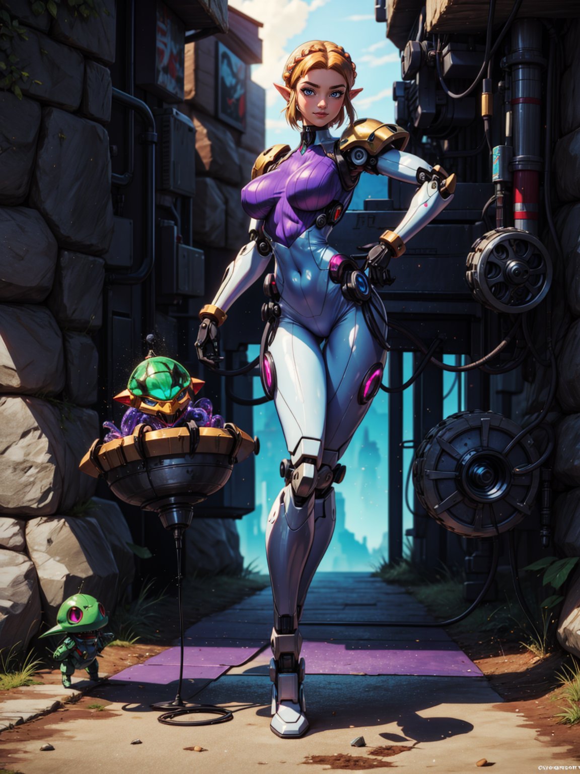 {((Princess Zelda))},  only she is {((white mecha suit with black part,  mechanical gears and cybernetic parts by Ryumaru...
