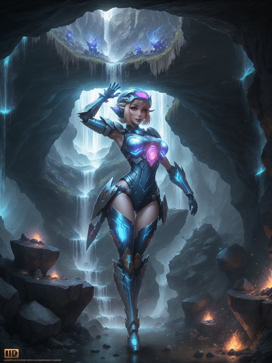 Princess Zelda is wearing a white mecha armor with blue parts and lights attached. The mecha costume is tight on her body, her breasts are gigantic. She is wearing a cyber helmet with a transparent visor. Her hair is blue, curly, short and has bangs in front of her eyes. She is looking directly at the viewer. She is in an alien dungeon inside a cave with a waterfall of glowing lava, many large rock structures, large machines with electricity and blinding light, large pipes with running water and monsters swimming in the waterfall, ((She is striking a sensual pose, leaning on anything or object, resting and leaning against herself over it)), ((full body)), mecha, warcraft, UHD, best possible quality, ultra detailed, best possible resolution, Unreal Engine 5, professional photography, perfect hand, fingers, hand, perfect, More detail,