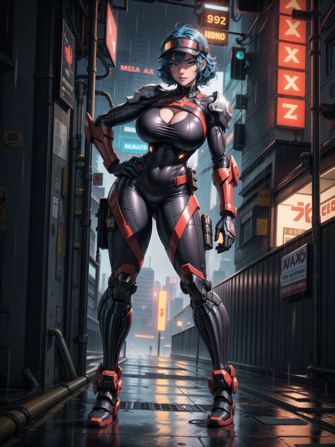 A woman, wearing ((wearing black heroic costume with parts in red+mecha costume with lights, helmet with visor, gigantic breasts)), short hair, blue hair, curly hair, messy hair, hair with bangs in front of eyes, (((looking at the viewer, sensual pose with interaction and leaning on anything+object+on something+leaning against+leaning against))) on top of a building at night raining hard with view of the city, with machines, advertising plates, ((full body):1.5); 16K, UHD, unreal engine 5, quality max, max resolution, ultra-realistic, ultra-detailed, maximum sharpness, ((perfect_hands):1), Goodhands-beta2, ((cyberpunk))