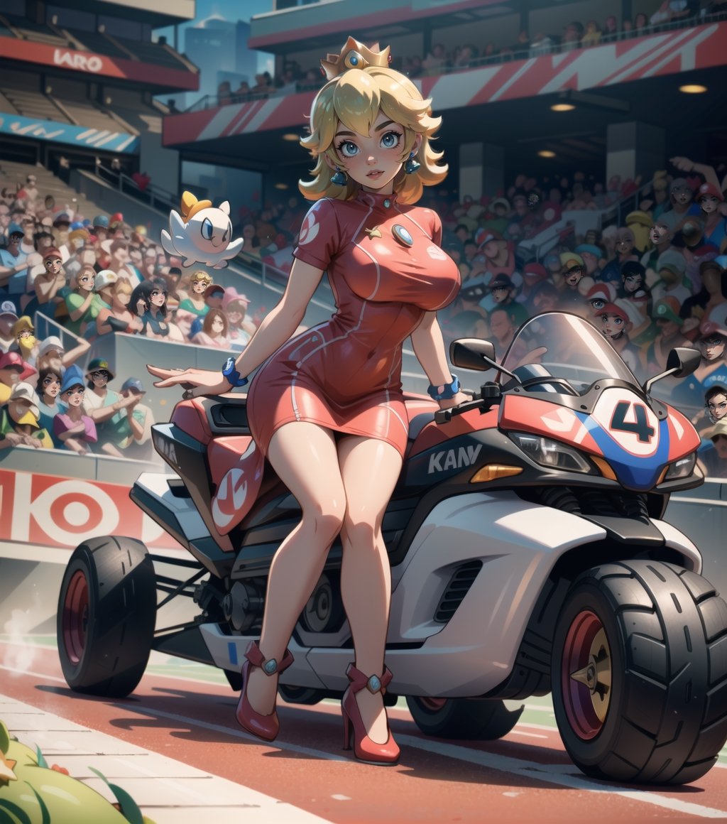 ((Masterpiece in full 16K resolution, art style inspired by Mario Kart 8 Deluxe with vibrant colors, crisp details and stunning textures.)) | Princess Peach is racing around a colorful and dynamic Mario Kart 8 Deluxe circuit, dressed in her traditional pink dress, gold adornments and a white crown. She is confident and determined, with bright blue eyes and a charming smile, as she expertly controls her kart. The scenario is full of ramps, tubes, power-ups and other characters from the Mario universe, creating a fun and lively atmosphere. Vivid lighting and dynamic shadows enhance the fast-paced action and sense of speed in the game. | Three-dimensional composition, dynamic camera angle, capturing the excitement of the race and the elegance of Princess Peach in action. | Motion and speed visual effects, such as scan lines and blurs, reinforce the feeling of high-speed racing. | ((Princess Peach in Mario Kart 8 Deluxe, dominating the track with style and grace.):1.4) | {The camera is positioned very close to her, revealing her entire body as she assumes a sensual pose, interacting with and leaning against a structure in the scene in an exciting way.} | She takes a (((sensual pose as she interacts, boldly leaning on a structure, leaning back in an exciting way))), (((((full-body_image))))), ((perfect_pose, perfect_anatomy, perfect_body)), ((perfect_finger, perfect_fingers, perfect_hand, perfect_hands, better_hands)), ((More Detail, ultra_detailed, Enhance))