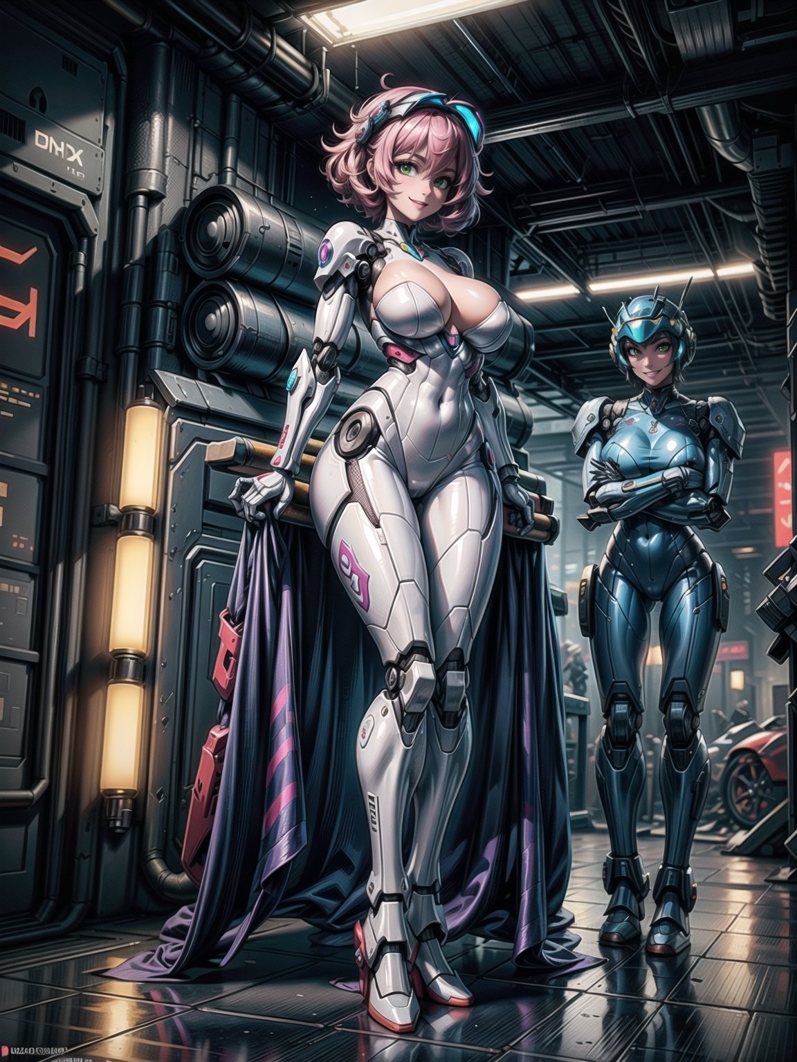 A robot woman, wearing ((white mecha costume with parts in blue, gigantic breasts, helmet+mask with visor)), short hair, pink hair, hair with barrettes, curly hair, messy hair, hair with bangs in front of her eyes, (((looking at the viewer, sensual pose with interaction and leaning on anything+object+on something+leaning against+leaning against))) in the underworld at night with many metal structures, machines, robots, ((full body):1.5); 16K, UHD, unreal engine 5, quality max, max resolution, ultra-realistic, ultra-detailed, maximum sharpness, ((perfect_hands):1), Goodhands-beta2, ((a robot woman+robotic limbs)), ((cyberpunk))