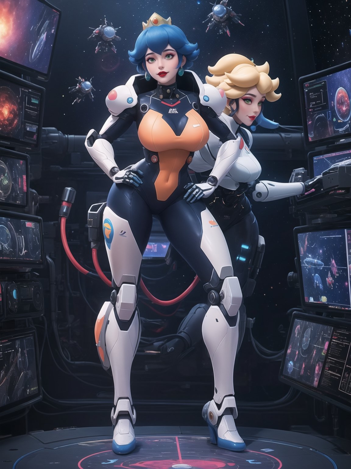 ((Princess Peach)), wearing a mecha suit with blue parts, all white suit, cybernetic armor suit, suit with attached lights, ((gigantic breasts)), full body covering suit, suit very tight on the body, synthetic suit, very short hair, blue hair, mohawk hair, hair with bangs in front of the eyes, she's looking directly at the viewer, she is in an alien aircraft in the control room, with many computers, control panels, display showing outer space, mecha robots, pipes with flowing electricity, UHD, best possible quality, ultra detailed, best possible resolution, ultra technological, futuristic, robotic, Unreal Engine 5, professional photography, ((she is doing sensual pose with interaction and leaning on anything + object+on something+leaning against)), ((full body)), better hands, More detail,