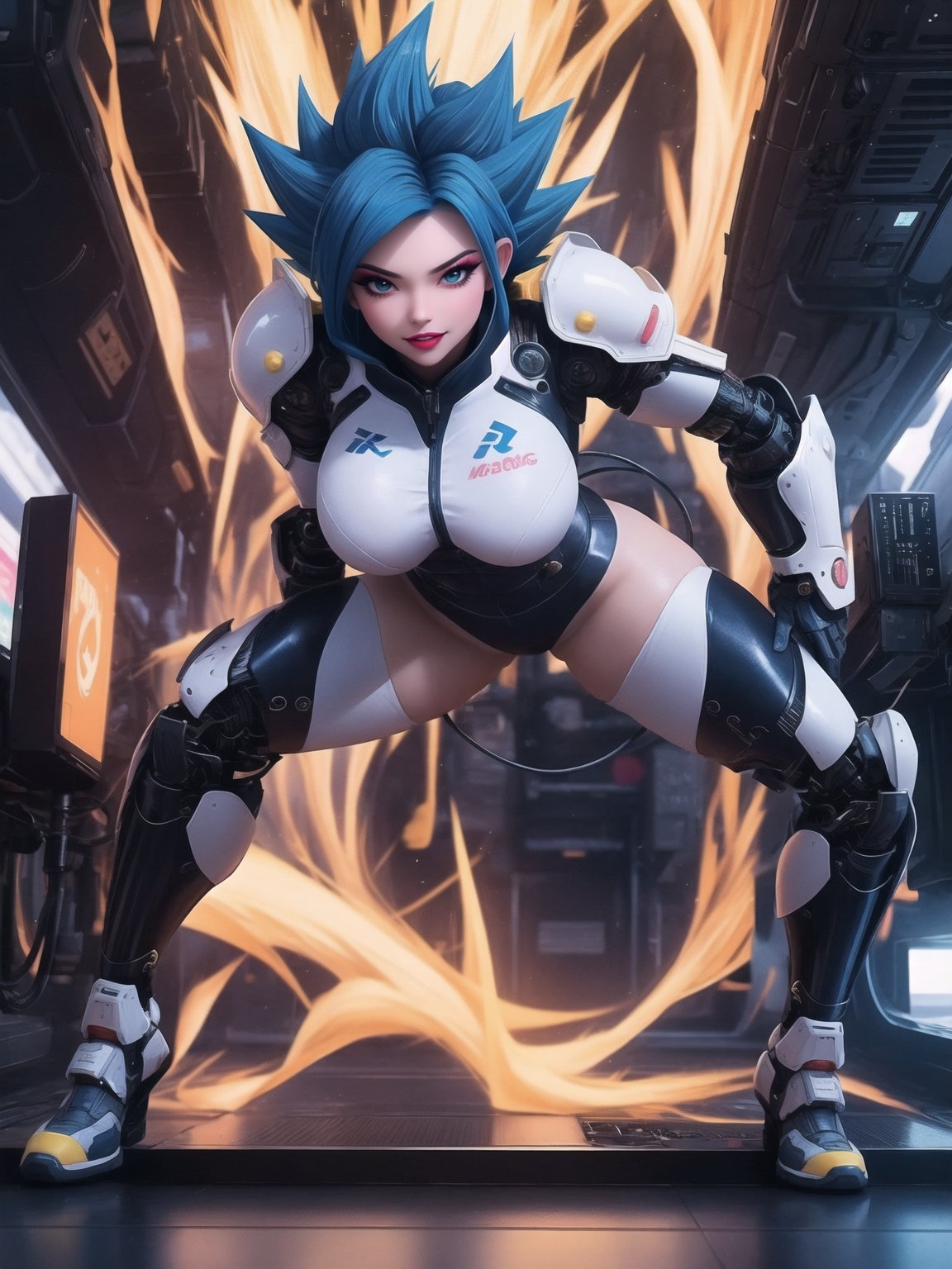 ((A kawaii woman)), wearing cybernetic suit + robotic armor + all-white latex suit, with blue and yellow parts, gigantic breasts, ((only she has super saiyan blue hair)), spiky hair, hair with bangs in front of the eyes, (looking directly at the viewer), she is on an airplane, machines, computers, people with different ethnicities, 16K, UHD, best possible quality,  ultra detailed, best possible resolution, Unreal Engine 5, professional photography,, she is, ((sensual pose with interaction and leaning on anything + object + on something + leaning against)) + perfect_thighs, perfect_legs, perfect_feet, better_hands, (((full body))), More detail,