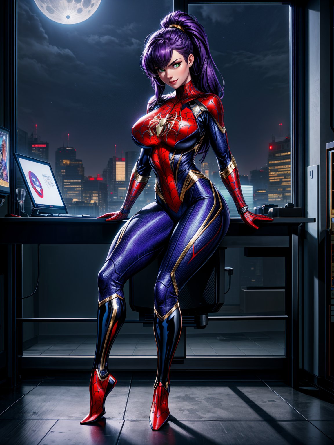 Just a woman, (wearing black cybernetic armor with gold parts+spider-man costume+Ultraman costume), absurdly giant breasts, purple hair, barely fulfilled hair, ponytailed hair, fringed hair in front of the eyes, looking at the viewer, (((erotic pose interacting and leaning on something)))), in a computer lab,  machines, robots, vehicles, window showing the city at night with a moon at the top left, ((full body):1.5). 16k, UHD, best possible quality, ((best possible detail):1), best possible resolution, Unreal Engine 5, professional photography,photography, perfect_hands