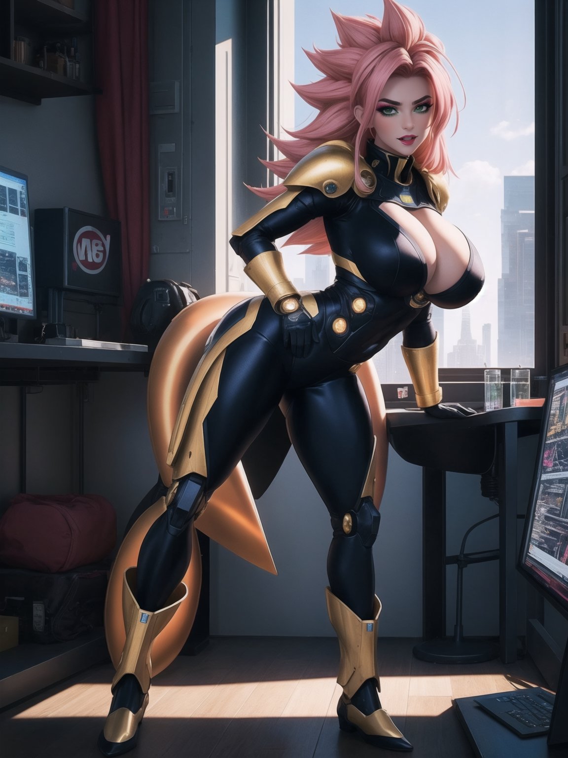 A woman, wearing an all-black mecha suit, a mecha costume with golden parts, a mecha costume with golden lights, a locks suit that is tight on the body, wearing a wick helmet with a transparent visor with lights, pink hair, ((super saiyan hair)), spiky hair, hair that is too short, messy hair, hair with bangs in front of the eyes, gigantic breasts, (looking directly at the viewer),  she's in a futuristic lab, computers, machines, window showing the city, 16K, UHD, best possible quality, ultra detailed, best possible resolution, Unreal Engine 5, professional photography, she is, ((sensual pose with interaction and leaning on anything + object + on something + leaning against)) + perfect_thighs, perfect_legs, perfect_feet, better_hands, ((full body)), More detail,