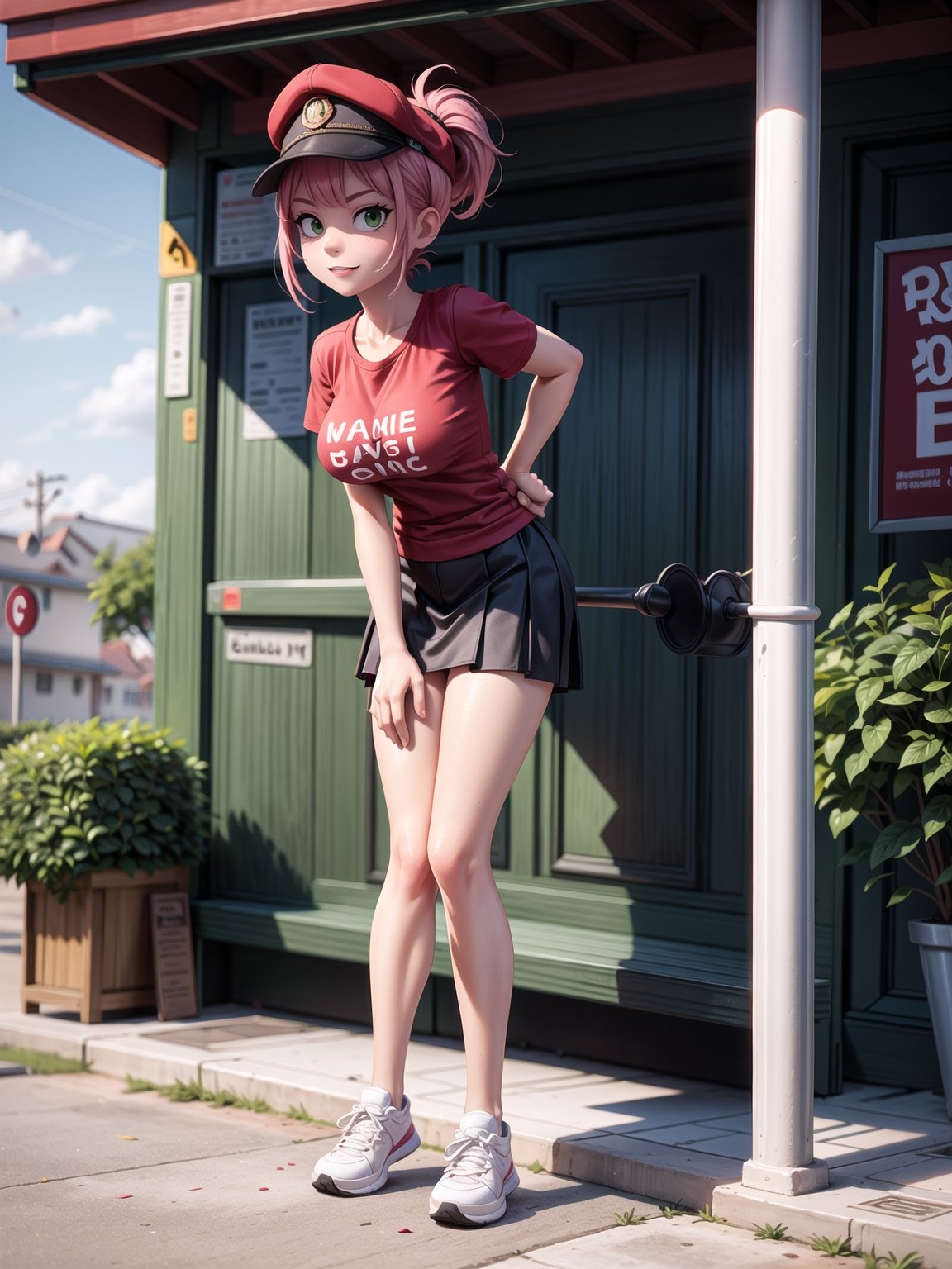 A woman, red T-shirt without collar and sleeves, very short black skirt, white sneakers, gigantic breasts, wearing cap, pink hair, extremely short hair, rebellious hair, hair with ponytail, hair with bangs in front of the eye, looking at the viewer, (((sensual pose+Interacting+leaning on anything+object+leaning against))), at a bus stop with benches,  structures, people queuing, ((full body):1.5), 16K, UHD, unreal engine 5, quality max, max resolution, ultra-realistic, ultra-detailed, maximum sharpness, ((perfect_hands):1), Goodhands-beta2