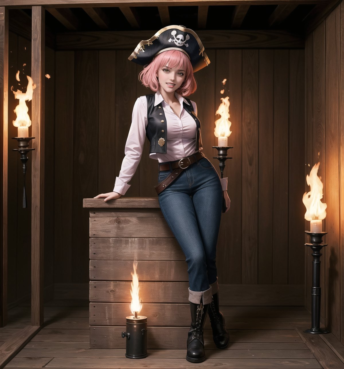 A pirate-adventure masterpiece, rendered in ultra-detailed 8K with vibrant, realistic details. | Rose, a young 23-year-old woman, is dressed in a pirate costume consisting of a white shirt, black vest, brown pants, leather boots, gloves, belt with pockets, sword and a pirate hat. Her short ((pink hair)) is styled in a modern and stylish cut, with tousled braids. She has golden eyes, ((looking at the viewer while smiling and showing her teeth)), wearing red lipstick. It is located inside a pirate prison inside a pirate ship, with wooden structures, metal bars, cannons and metal structures. The laparinas on the walls add to the dark and threatening atmosphere of the place. The light from the torches illuminates the room, creating ominous shadows on the walls. | The image highlights Rose's attractive figure and the architectural elements of the pirate prison. The wooden structures, together with the metal railings, cannons and metal structures, create a dark and threatening environment. The laparinas on the walls enhance the dark and threatening atmosphere of the scene. The torchlight creating ominous shadows on the walls highlights the tension and fear in the scene. | Soft, shadowy lighting effects create a tense, fear-filled atmosphere, while rough, detailed textures on structures and clothing add realism to the image. | A terrifying scene of a young female pirate inside a pirate prison, exploring themes of adventure, pirates and fear. | (((The image reveals a full-body shot as Rose assumes a sensual pose, engagingly leaning against a structure within the scene in an exciting manner. She takes on a sensual pose as she interacts, boldly leaning on a structure, leaning back and boldly throwing herself onto the structure, reclining back in an exhilarating way.))). | ((((full-body shot)))), ((perfect pose)), ((perfect arms):1.2), ((perfect limbs, perfect fingers, better hands, perfect hands, hands)), ((perfect legs, perfect feet):1.2), ((huge breasts)), ((perfect design)), ((perfect composition)), ((very detailed scene, very detailed background, perfect layout, correct imperfections)), Enhance, Ultra details++, More Detail, poakl