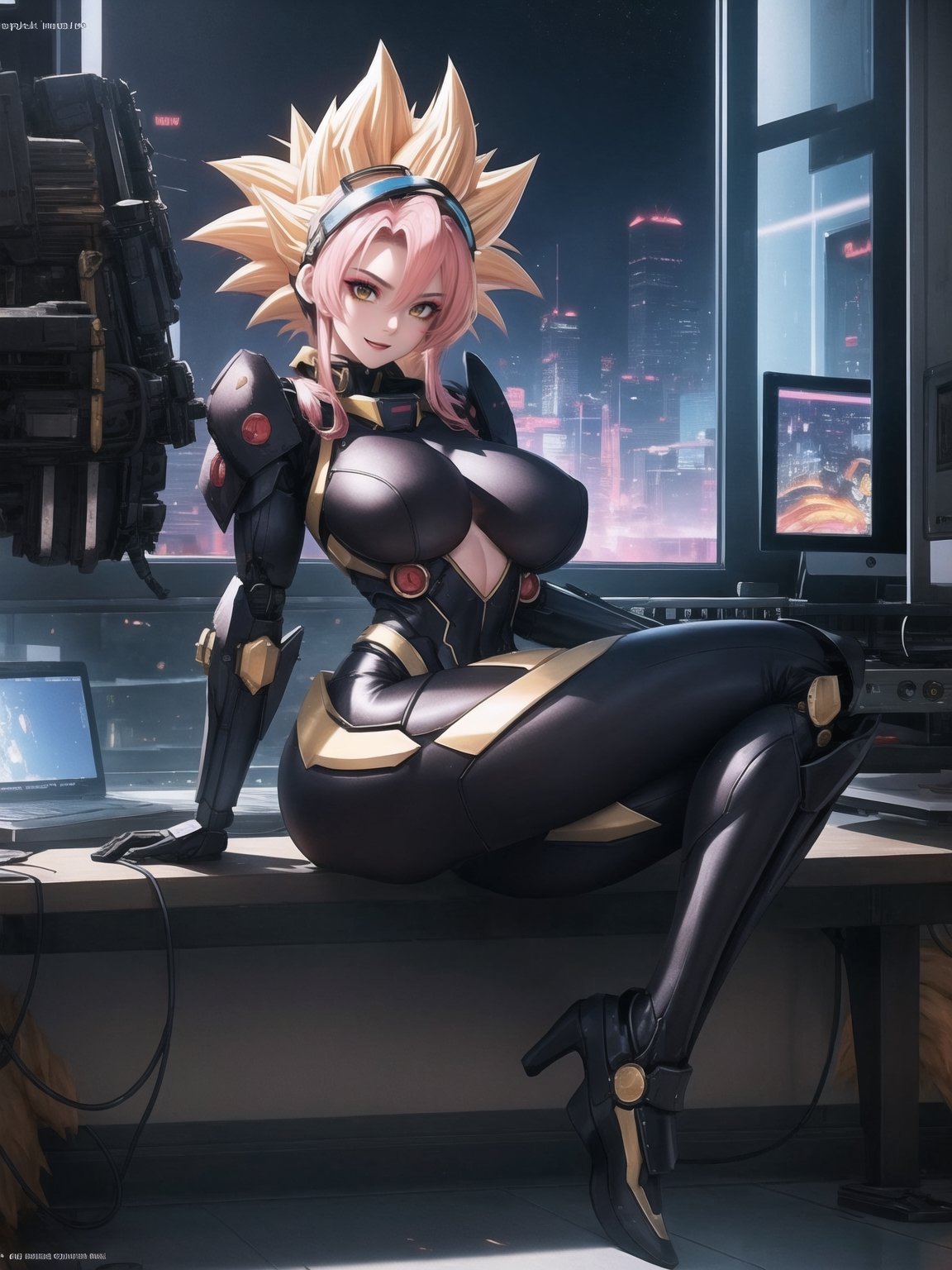 A woman, wearing an all-black mecha costume, mecha costume with golden parts, mecha costume with golden lights, mecha costume very tight on the body, wearing a mecha helmet with a transparent visor with lights, gigantic breasts, pink hair, ((super saiyan hair)), spiky hair, very short hair, messy hair, hair with bangs in front of the eyes, (looking directly at the viewer),  she's in a futuristic lab, computers, machines, destroyed robot, window showing the city, 16K, UHD, best possible quality, ultra detailed, best possible resolution, Unreal Engine 5, professional photography, she is, ((sensual pose with interaction and leaning on anything + object + on something + leaning against)) + perfect_thighs, perfect_legs, perfect_feet, better_hands, ((full body)), More detail,