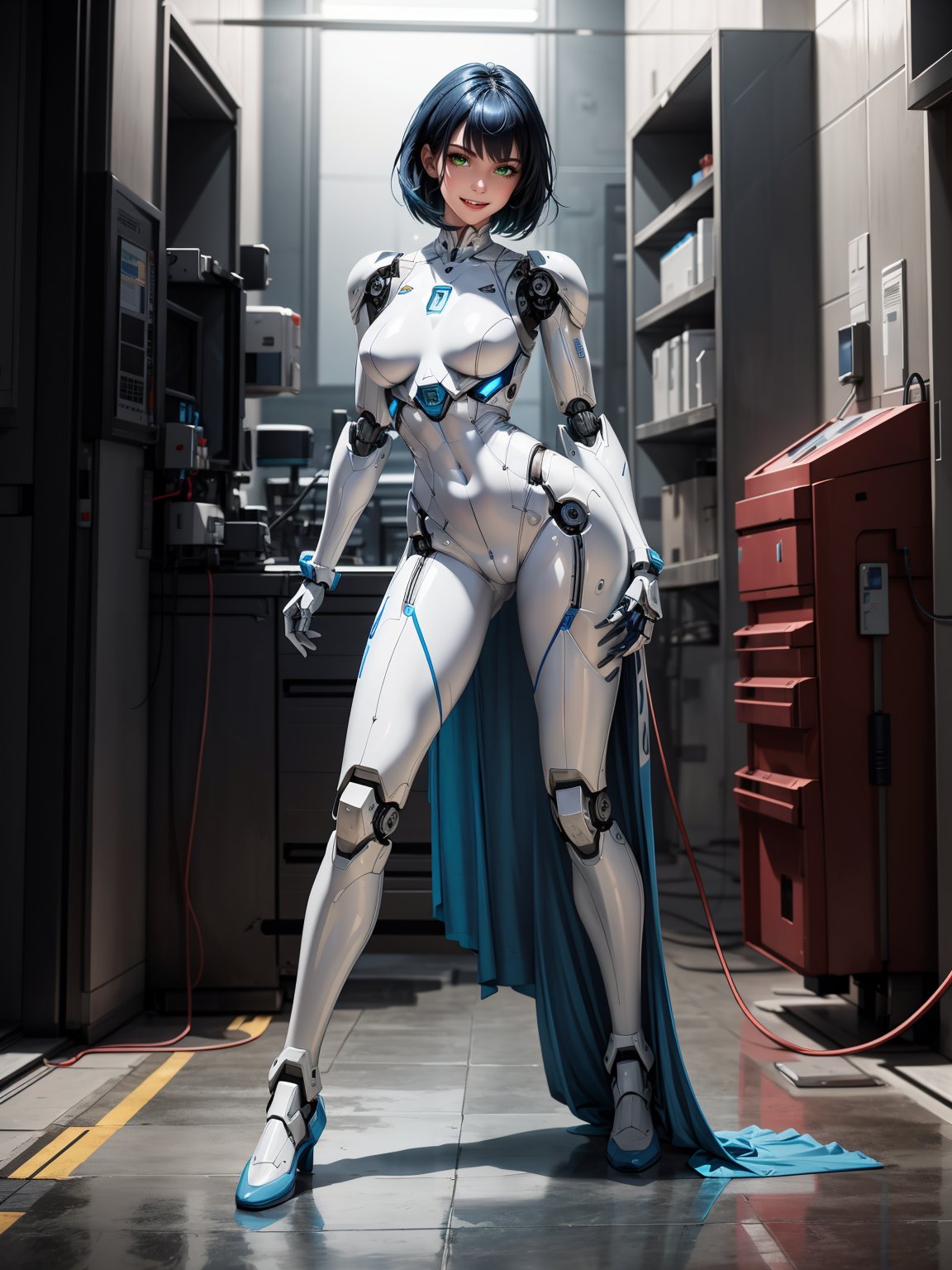 ((A robot woman)), wearing a white wick suit with black metal parts, blue hair, short hair, hair with bangs in front of the eyes, looking at the viewer, (((erotic pose interacting and leaning [on something in the environment|on an object])))), in a laboratory with several machines, robots, large structures, ((full body):1.5), 16k, UHD, best possible quality,  ultra detailed, best possible resolution, Unreal Engine 5, professional photography, well-detailed fingers, well-detailed hand, perfect_hands