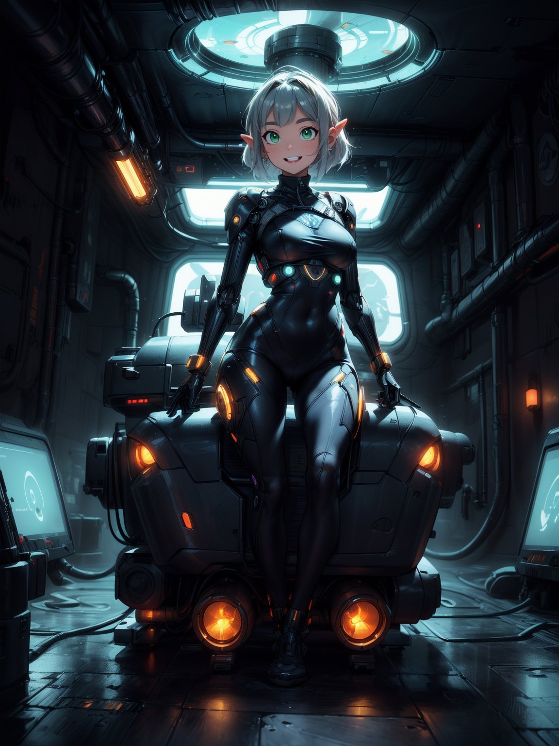{(Princess Zelda - Cyborg)},  {((wearing a black futuristic costume with extremely tight and tight golden parts on the bod...
