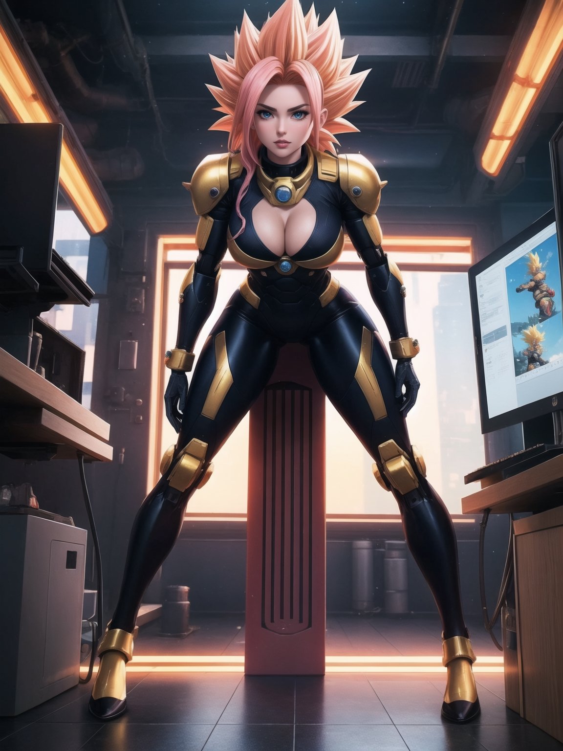 A woman, wearing an all-black mecha suit, a mecha costume with golden parts, a mecha costume with golden lights, a locks suit that is tight on the body, wearing a wick helmet with a transparent visor with lights, pink hair, ((super saiyan hair)), spiky hair, hair that is too short, messy hair, hair with bangs in front of the eyes, gigantic breasts, (looking directly at the viewer),  she's in a futuristic lab, computers, machines, window showing the city, 16K, UHD, best possible quality, ultra detailed, best possible resolution, Unreal Engine 5, professional photography, she is, ((sensual pose with interaction and leaning on anything + object + on something + leaning against)) + perfect_thighs, perfect_legs, perfect_feet, better_hands, ((full body)), More detail,