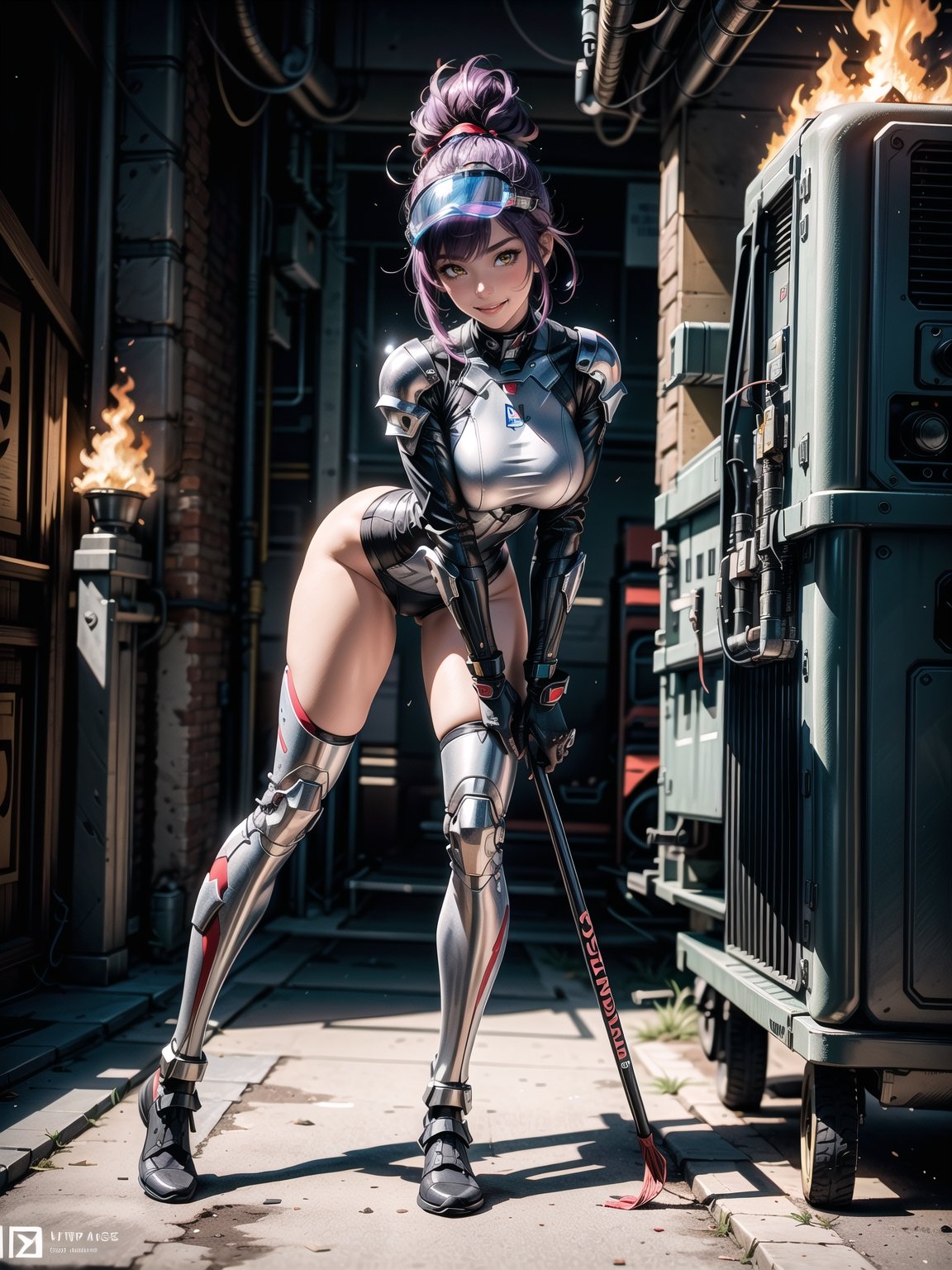 A woman, wearing white cybernetic armor with tight and tight red areas, gigantic breasts, wearing helmet with visor, purple hair, extremely short hair, rebellious hair, hair with ponytail, hair with bangs in front of the eye, looking at the viewer, (((sensual pose+Interacting+leaning on anything+object+leaning against))), on a battlefield with machines, stone structures, military vehicles, fire everywhere, ((full body):1.5), 16K, UHD, unreal engine 5, quality max, max resolution, ultra-realistic, ultra-detailed, maximum sharpness, ((perfect_hands):1), Goodhands-beta2, ((technological))