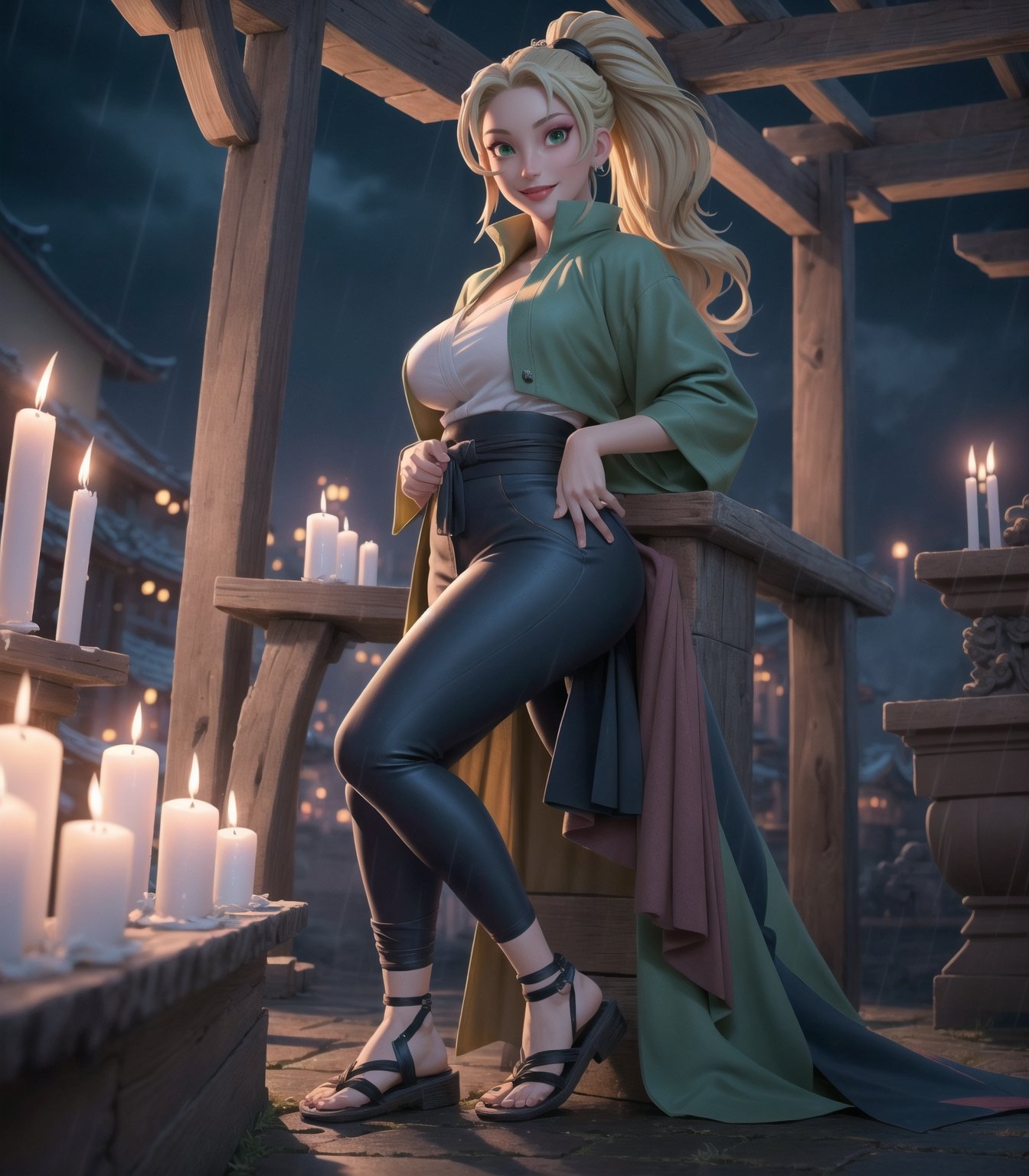 Masterpiece in UHD resolution, sharp details. Style inspired by ((Naruto Shippuden)), a fusion of anime and realism. | ((Tsunade)), a 30-year-old woman, looks stunning in a ninja temple at night, under heavy rain. Wearing a tight green coat, a collarless white shirt, dark blue trousers, and black leather sandals, her attire stands out, shaping her body perfectly. ((Gigantic_breasts)) are notable but do not overshadow her sincere gaze and the broad smile she offers to the viewer. Her long blonde hair, with an impressive frontal fringe, is tied in a ponytail. Tsunade stands in an open area of the temple, surrounded by structures of black marble, altars with ninja inscriptions, imposing pillars, and a statue of an ancient Hokage. Candles on the walls and wooden structures complete the scene, creating an authentic ninja atmosphere. | The scene is captured at a medium angle, enhancing Tsunade's elegant posture as she stares directly at the viewer, conveying confidence and determination. The intense rain adds dynamism to the image, with water droplets running down Tsunade's face and splashing on the ground. The lighting is softened by the candles, highlighting the details of the tight outfit and the woman's radiant expression. | Impressive scene of Tsunade, a 30-year-old woman, in a ninja temple during the rainy night of Naruto Shippuden. | {The camera is positioned very close to her, revealing her entire body as she adopts a sensual_pose, interacting with and leaning on a structure in the scene in an exciting way} | She is adopting a ((sensual_pose as interacts, boldly leaning on a structure, leaning back in a exciting way):1.3), ((perfect_pose)), ((full body)), perfect_fingers, perfect_legs, More Detail, realhands.