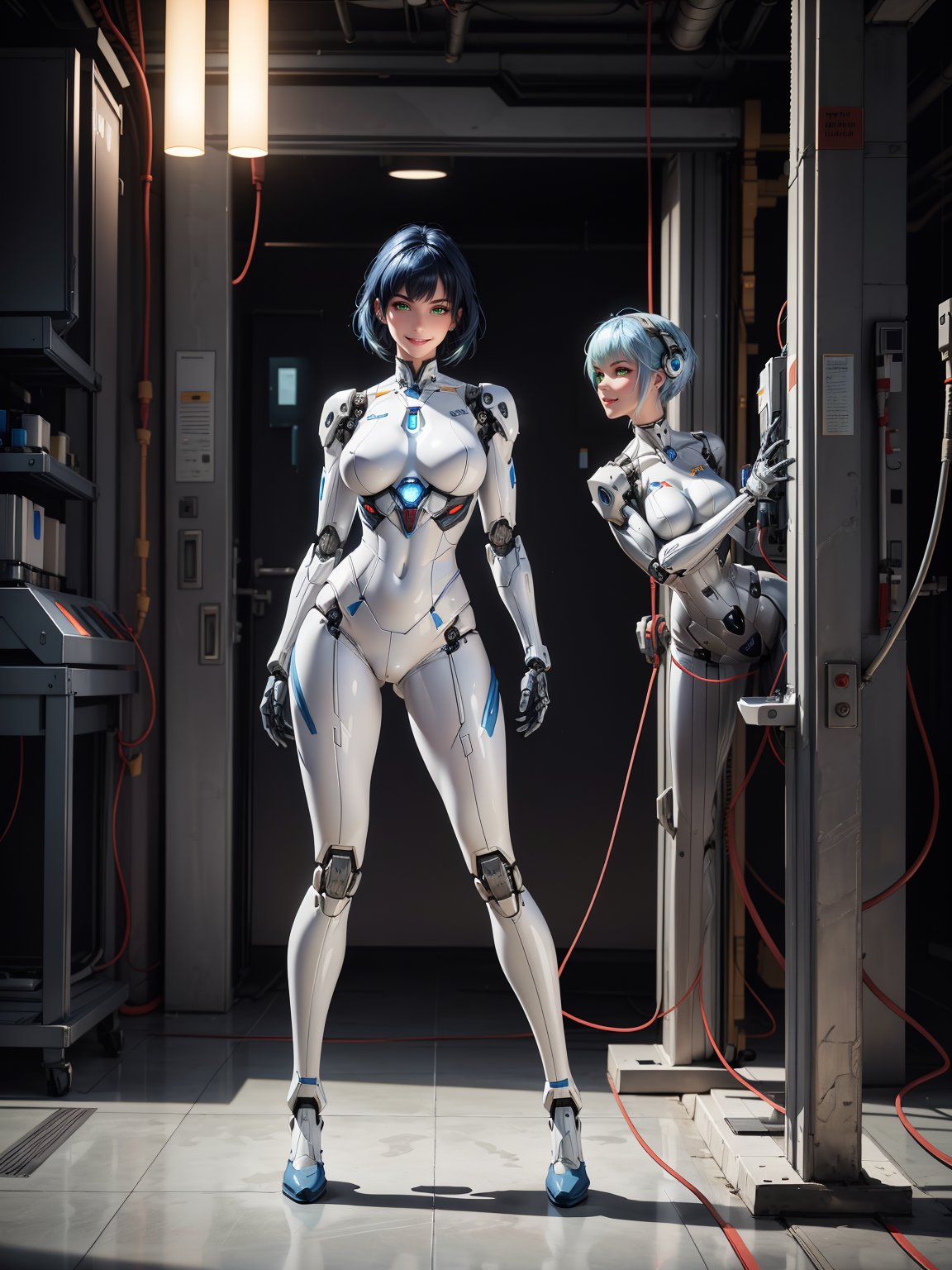 ((A robot woman)), wearing a white wick suit with black metal parts, very large breasts, blue hair, short hair, hair with bangs in front of the eyes, looking at the viewer, (((erotic pose interacting and leaning [on something in the environment|on an object]))), in a laboratory with several machines, robots, large structures, ((full body):1.5), 16k, UHD, best possible quality, ultra detailed, best possible resolution, Unreal Engine 5, professional photography, well-detailed fingers, well-detailed hand, perfect_hands