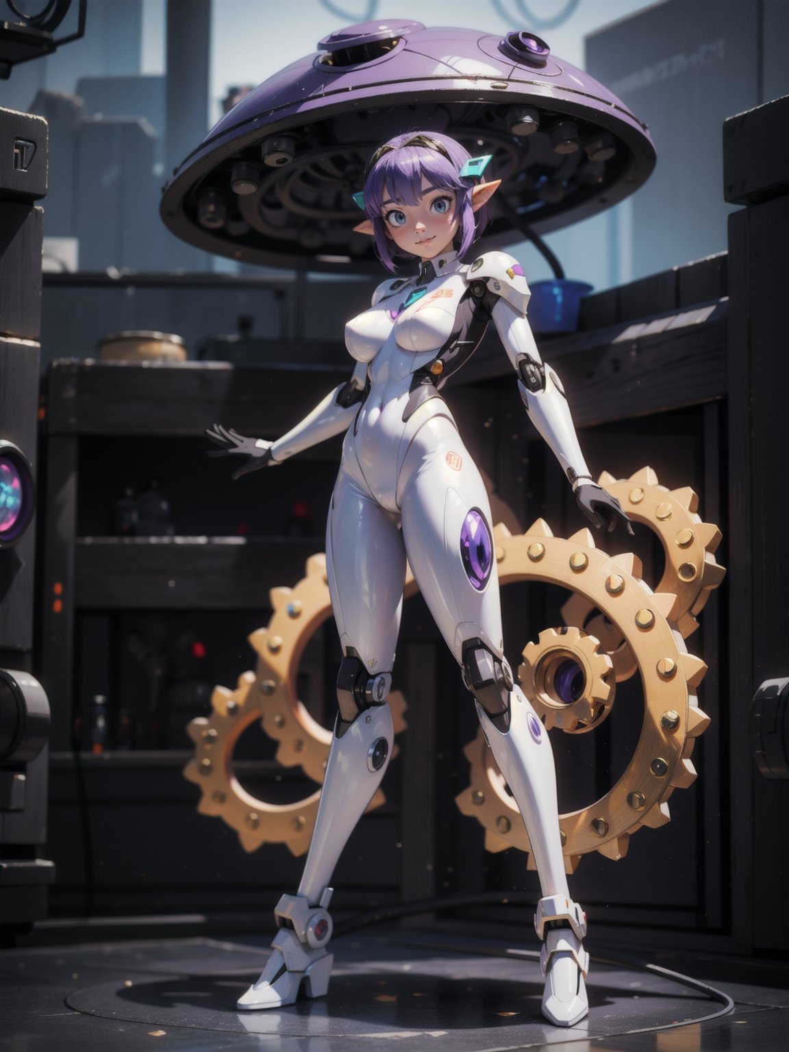 {(Princess Zelda)},  only she is {((white mecha suit with black part,  mechanical gears and cybernetic parts by Ryumaru on...