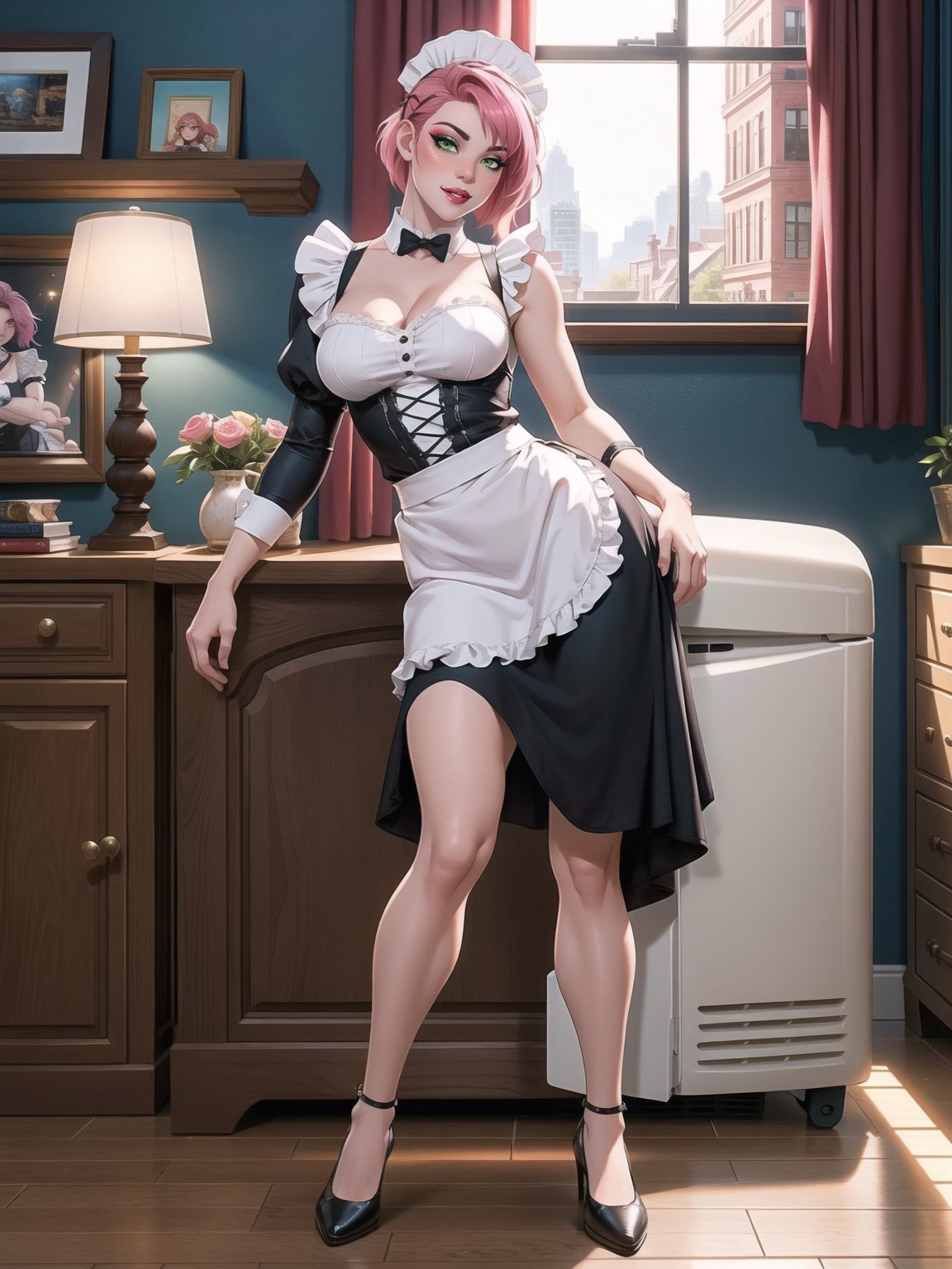 A woman, wearing costume of ((maid)) all black with white parts, white skirt with ruffle, very short hair, pink hair, (mohawk hair), hair with bangs in front of the eyes, (looking at the viewer), (((sensual pose with interaction and leaning on anything + object + on something + leaning against))) in an apartment, with furniture, 1+floor+chair, Plasma TV, refrigerator, table, bed, open window, candles illuminating the place, 16K, UHD, (full body:1.5), unreal engine 5, ultra technological, quality max, max resolution, More detail, ultra-realistic, ultra-detailed, maximum sharpness, perfect_hands, better_hands,