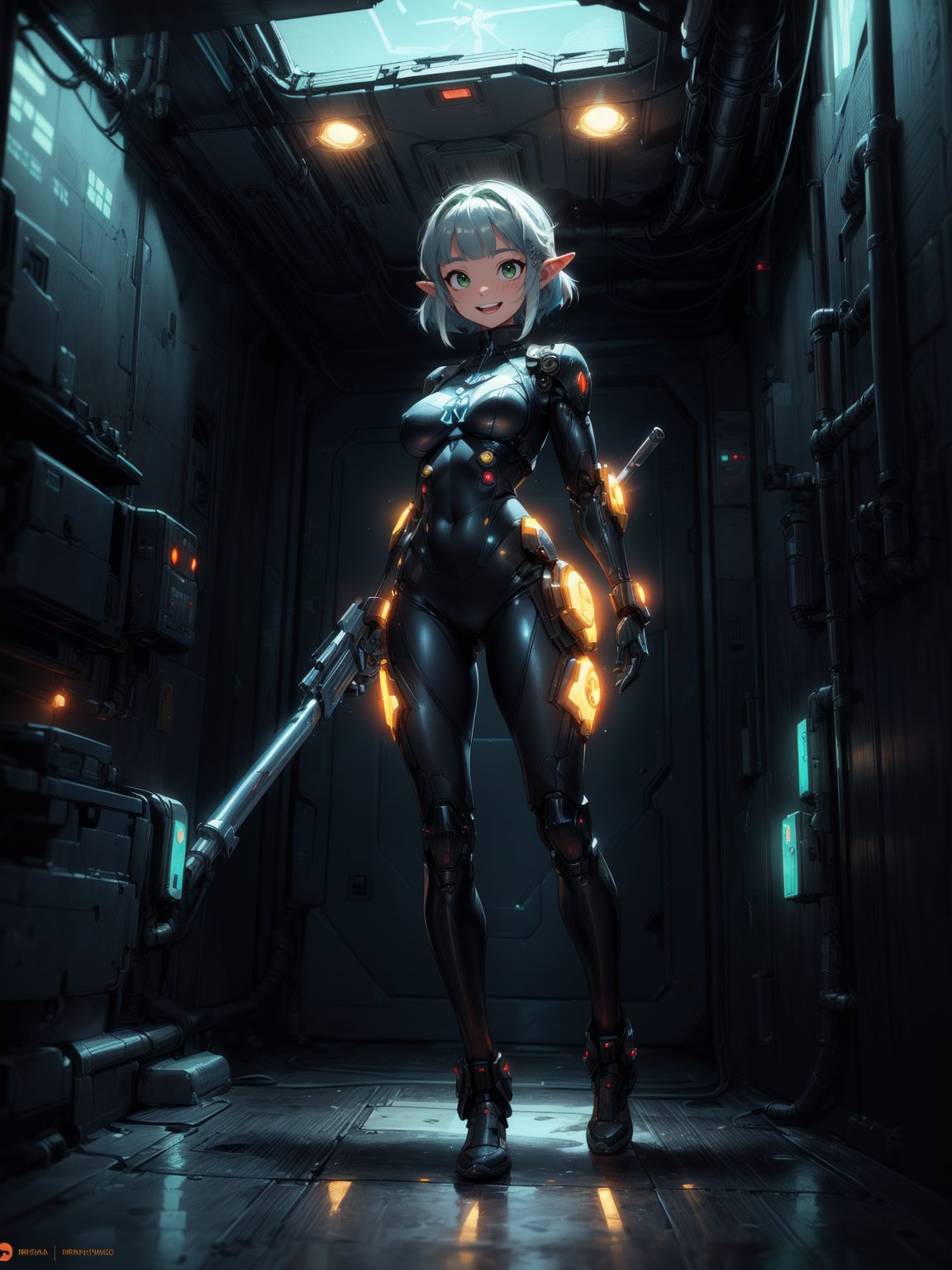 {(Princess Zelda - Cyborg)},  {((wearing a futuristic black costume with extremely tight and tight golden parts)),  she ha...