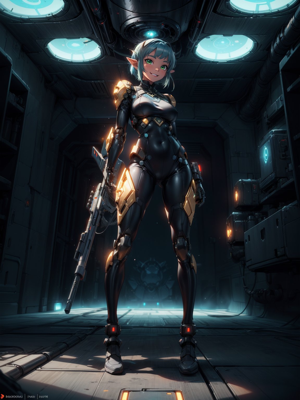 {(Princess Zelda - Cyborg)},  {((wearing a futuristic black costume with extremely tight and tight golden parts)),  she ha...
