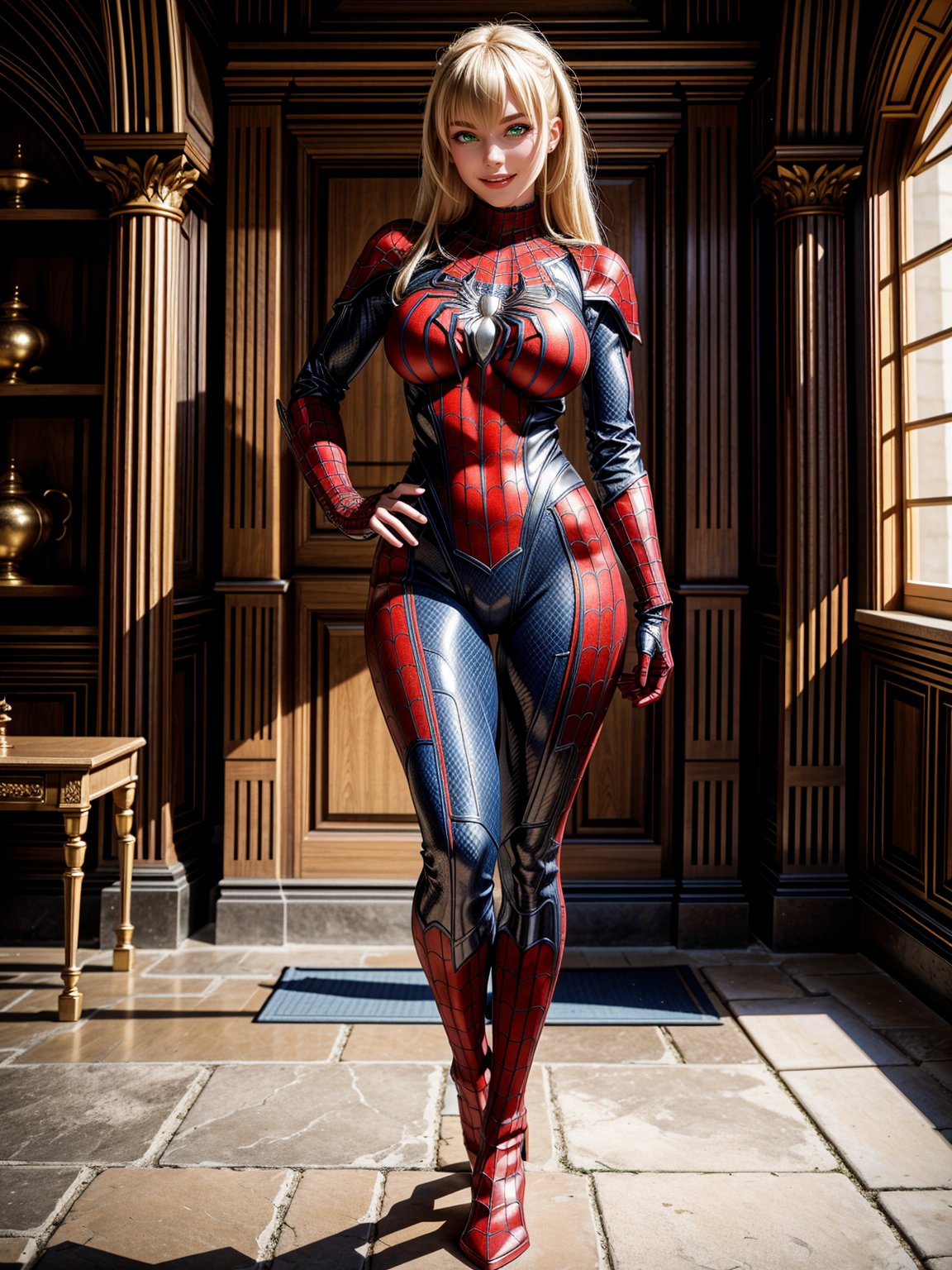 Just a woman, wearing the spider-man costume+medieval armor+black cybernetic armor with extremely tight and tight golden parts on the body, absurdly giant breasts, blonde hair, barely fulfilled hair, ponytailed hair, hair with bangs in front of the eyes, looking at the viewer, (((erotic pose interacting and leaning on something))), in a medieval castle, furniture, armor, figurines, windows, is by day, ((full body):1.5). 16k, UHD, best possible quality, ((best possible detail):1), best possible resolution, Unreal Engine 5, professional photography,perfect_hands,1girl