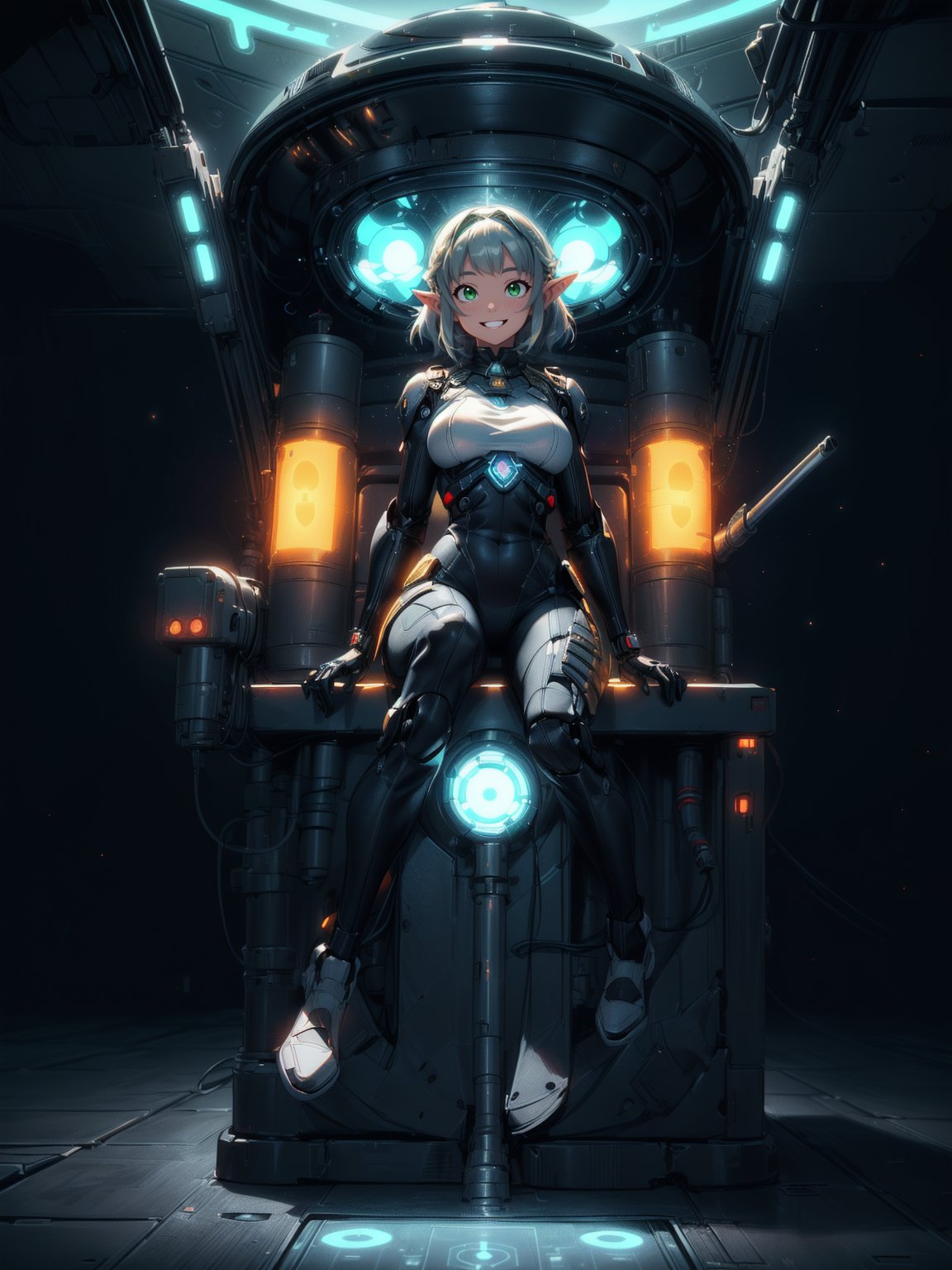 {(Princess Zelda - Cyborg)},  {((wearing a black futuristic costume with extremely tight and tight golden parts on the bod...