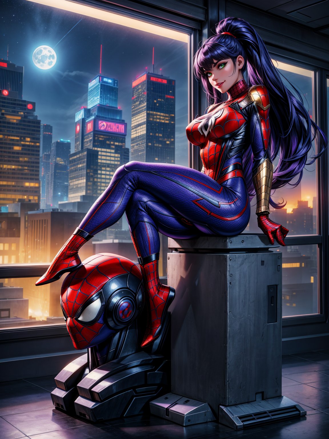 Just a woman, (wearing cybernetic armor+spider-man costume+black Ultraman costume with golden parts), absurdly giant breasts, purple hair, barely fulfilled hair, ponytailed hair, hair with bangs in front of the eyes, looking at the viewer, (((erotic pose interacting and leaning on something))), in a laboratory with computers, machines,  robots, vehicles, window showing the city at night with a moon at the top left, ((full body):1.5). 16k, UHD, best possible quality, ((best possible detail):1), best possible resolution, Unreal Engine 5, professional photography,photography, perfect_hands