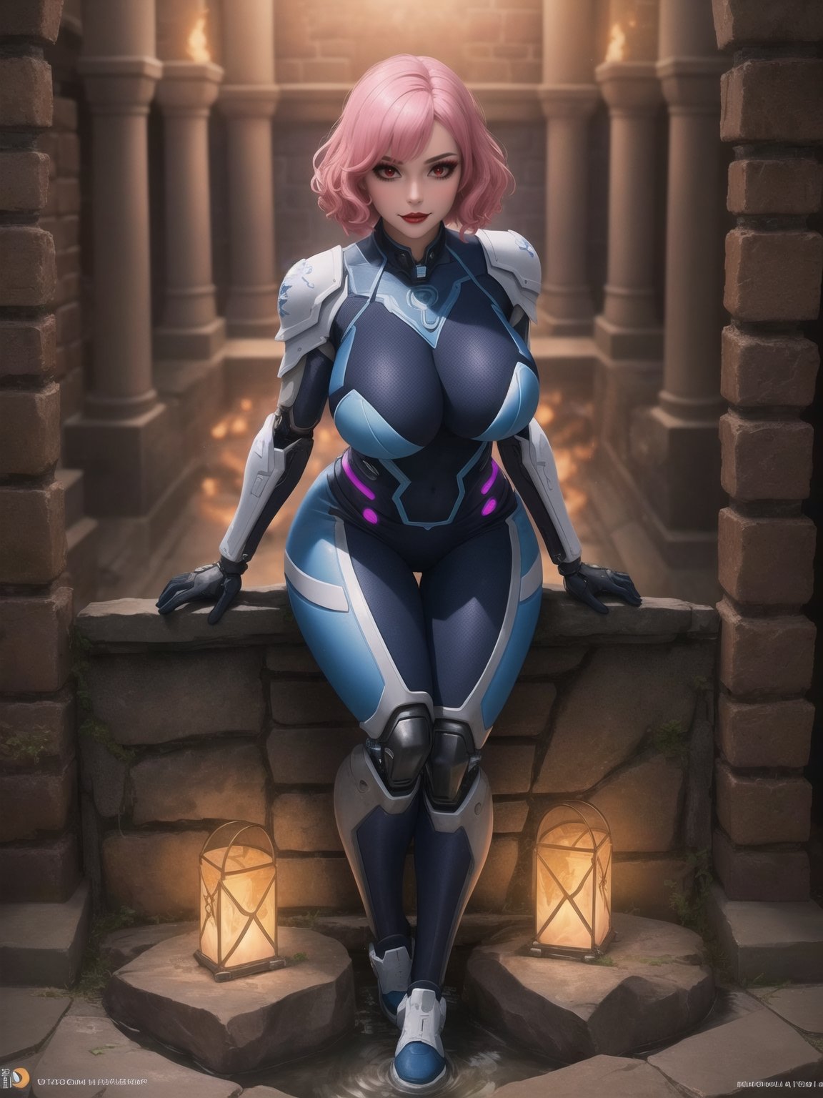 A woman, she is wearing an all-white cybernetic suit, a cybernetic suit with blue parts, a very tight cybernetic suit on her body, she has gigantic breasts, very short hair, pink hair, curly hair, hair with bangs in front of her eyes, she is looking directly at the viewer, she is in a dungeon, with large stone structures, many technological machines, many luminous pipes with running water, altars, figurines, warcraft, ((full body)), UHD, best possible quality, ultra detailed, best possible resolution, ultra technological, Unreal Engine 5, professional photography, she is doing (sensual pose with interaction and leaning on anything) + (object + on something + leaning against), perfect. More detail.