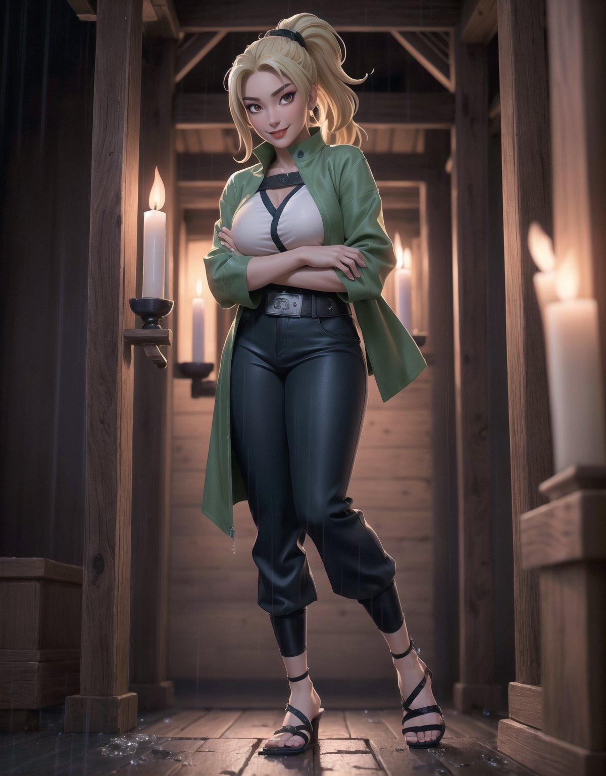 Masterpiece in UHD resolution, sharp details. Style inspired by ((Naruto Shippuden)), a fusion of anime and realism. | ((Tsunade)), a 30-year-old woman, looks stunning in a ninja temple at night, under heavy rain. Wearing a tight green coat, a collarless white shirt, dark blue trousers, and black leather sandals, her attire stands out, shaping her body perfectly. ((Gigantic_breasts)) are notable but do not overshadow her sincere gaze and the broad smile she offers to the viewer. Her long blonde hair, with an impressive frontal fringe, is tied in a ponytail. Tsunade stands in an open area of the temple, surrounded by structures of black marble, altars with ninja inscriptions, imposing pillars, and a statue of an ancient Hokage. Candles on the walls and wooden structures complete the scene, creating an authentic ninja atmosphere. | The scene is captured at a medium angle, enhancing Tsunade's elegant posture as she stares directly at the viewer, conveying confidence and determination. The intense rain adds dynamism to the image, with water droplets running down Tsunade's face and splashing on the ground. The lighting is softened by the candles, highlighting the details of the tight outfit and the woman's radiant expression. | Impressive scene of Tsunade, a 30-year-old woman, in a ninja temple during the rainy night of Naruto Shippuden. | {The camera is positioned very close to her, revealing her entire body as she adopts a (sensual_pose), interacting with and leaning on a structure in the scene in an exciting way} | ((perfect_pose)), She is adopting a ((sensual_pose as interacts, boldly leaning on a structure, leaning back in an exciting way):1.3), ((full body)), (perfect_fingers:1.0), (perfect_legs:1.0), More_Detail, realhands