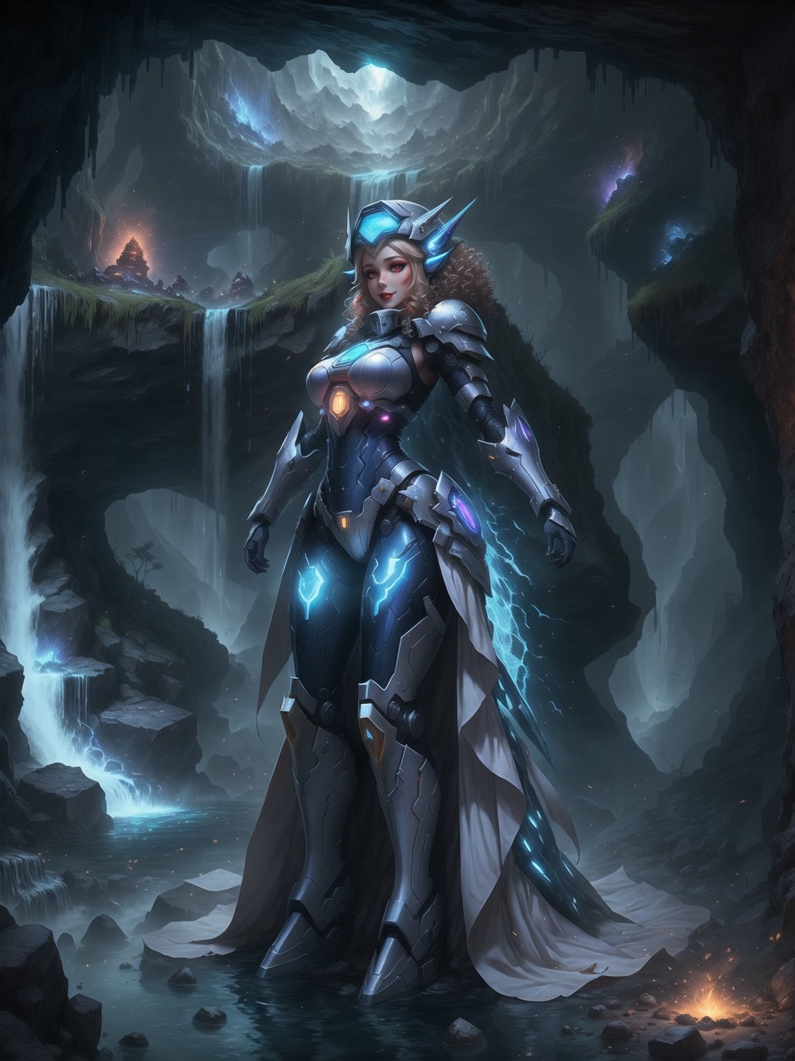 Princess Zelda is wearing a white mecha armor with blue parts and lights attached. The mecha costume is tight on her body, her breasts are gigantic. She is wearing a cyber helmet with a transparent visor. Her hair is blue, curly, short and has bangs in front of her eyes. She is looking directly at the viewer. She is in an alien dungeon inside a cave with a waterfall of glowing lava, many large rock structures, large machines with electricity and blinding light, large pipes with running water and monsters swimming in the waterfall, ((She is striking a sensual pose, leaning on anything or object, resting and leaning against herself over it)), ((full body)), mecha, warcraft, UHD, best possible quality, ultra detailed, best possible resolution, Unreal Engine 5, professional photography, perfect hand, fingers, hand, perfect, More detail,