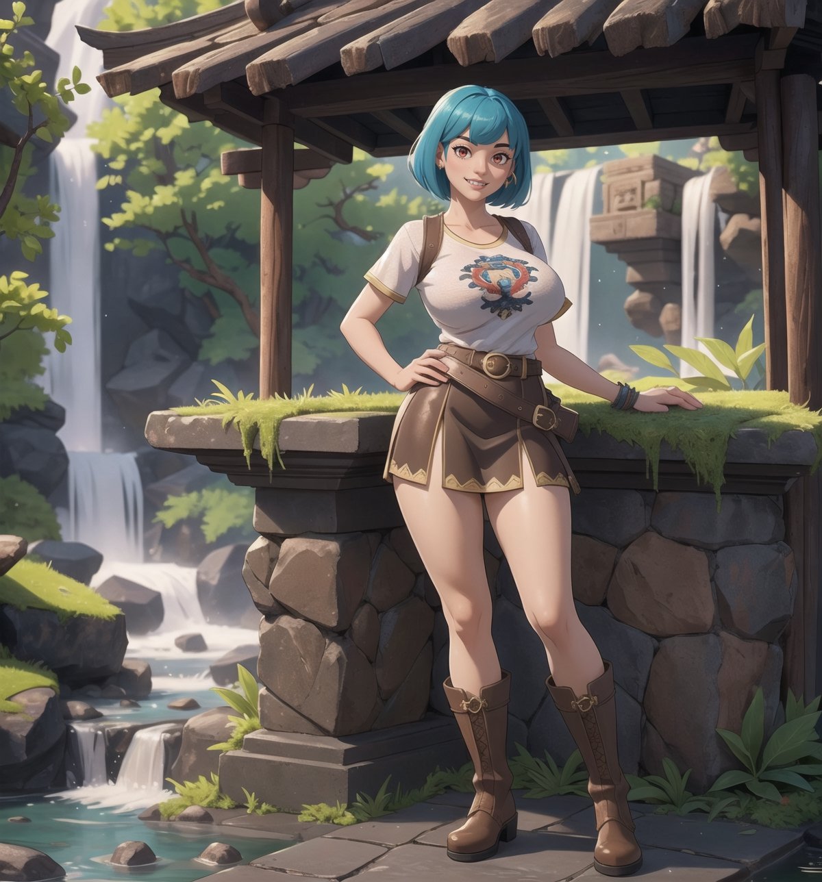 ((Masterpiece in maximum 16K resolution, with the realistic style emphasizing precise textures and details)). | A beautiful 24-year-old mature woman, with short blue hair and large bangs in front of her left eye, is in an ancient temple inside a waterfall, surrounded by various Aztec structures and figurines. She wears a white t-shirt, a short red accordion skirt, brown leather boots, and a black leather belt. Her outfit highlights her gigantic breasts. She looks directly at the viewer with red eyes and smiles evilly, showing her teeth. | The setting includes ancient stone structures, Aztec figurines, tropical vegetation, and falling water in the foreground, with moss-covered stone walls and roots in the midground. | Three-dimensional composition with a medium angle, highlighting the woman's figure and the mystical environment. | With cinematic lighting and elements such as sparkles, soft lighting, softness and particles add dynamism. | Scene of a beautiful mature woman in an ancient temple inside a waterfall, surrounded by various Aztec structures and figurines. | The camera is positioned very close to her, revealing her entire body as she assumes a sensual pose, interacting with and leaning against a structure in the scene in an exciting way. | (((She takes a sensual pose as she interacts, boldly leaning on a structure, leaning back in an exciting way.))), (((((full-body image))))), ((perfect pose, perfect anatomy, perfect body)), ((better hands, perfect fingers, perfect legs, perfect hands)), (((gigantic breasts))), (((perfect composition, perfect design, perfect layout, correct imperfections))), ((More Detail, Enhance)), toon