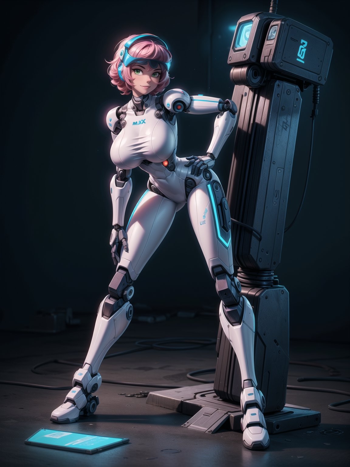 A robot woman, wearing ((white mecha costume with parts in blue, gigantic breasts, helmet+mask with visor)), short hair, pink hair, hair with barrettes, curly hair, messy hair, hair with bangs in front of her eyes, (((looking at the viewer, sensual pose with interaction and leaning on anything+object+on something+leaning against+leaning against))) in the underworld at night with many metal structures, machines, robots, ((full body):1.5); 16K, UHD, unreal engine 5, quality max, max resolution, ultra-realistic, ultra-detailed, maximum sharpness, ((perfect_hands):1), Goodhands-beta2, ((a robot woman+robotic limbs)), ((cyberpunk))