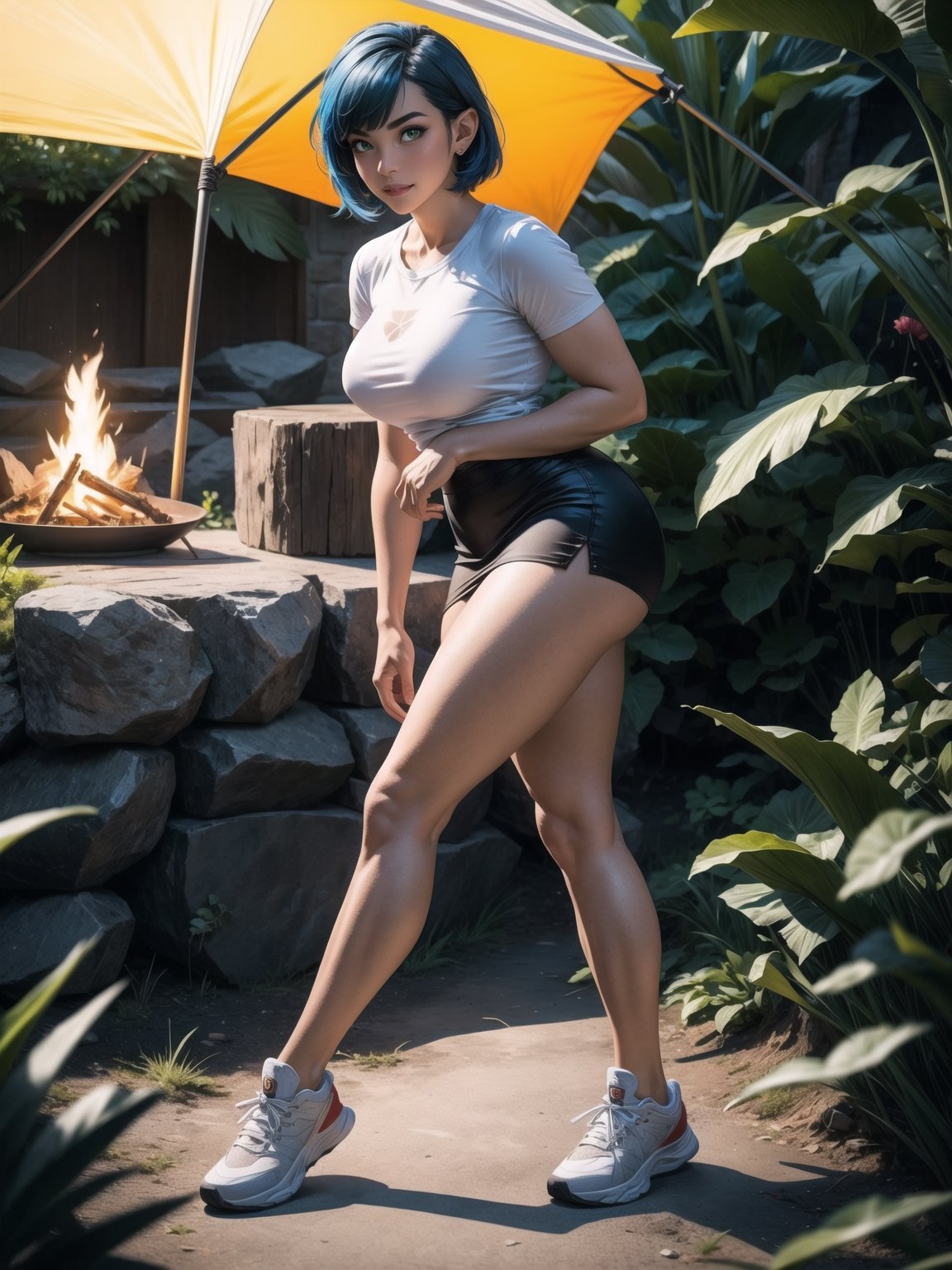 A woman, wearing a white T-shirt, black short skirt, white sneakers with red stripes, tight and short clothes, gigantic breasts, blue hair, short hair, hair with bangs in front of her eyes, (looking at the viewer), (((sensual pose+Interacting+leaning on anything+object+leaning against))) in a rainforest at night with many structures, large stones, a campsite with a campfire, tent, tree trunks, 16K, UHD, ((full body)), unreal engine 5, quality max, max resolution, ultra-realistic, ultra-detailed, maximum sharpness, ((perfect_hands)), ((perfect_legs)), zelda tears of the kingdom, Goodhands-beta2,