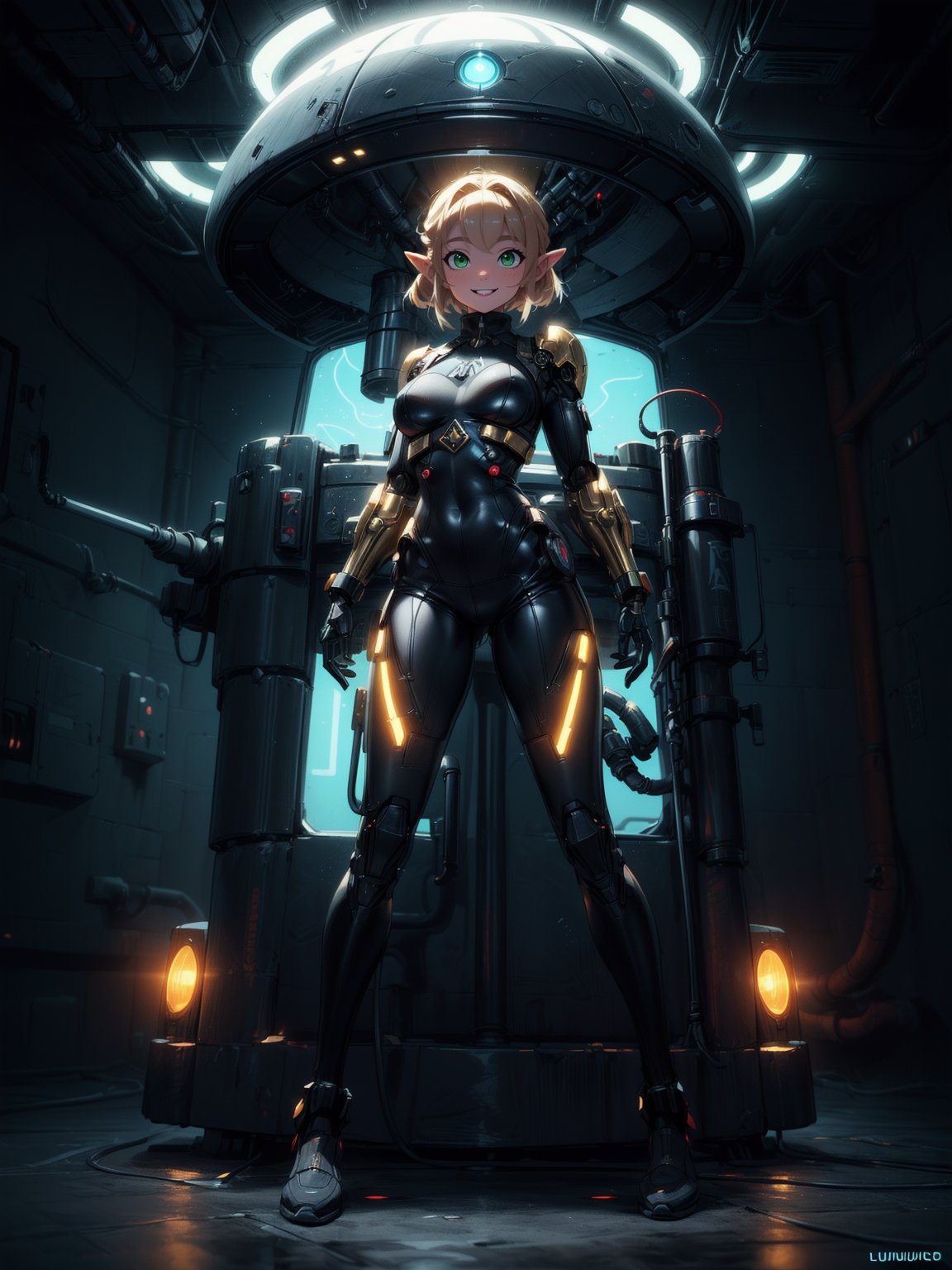 {((Princess Zelda - Cyborg))},  {((wearing a black futuristic costume with extremely tight and tight golden parts on the b...
