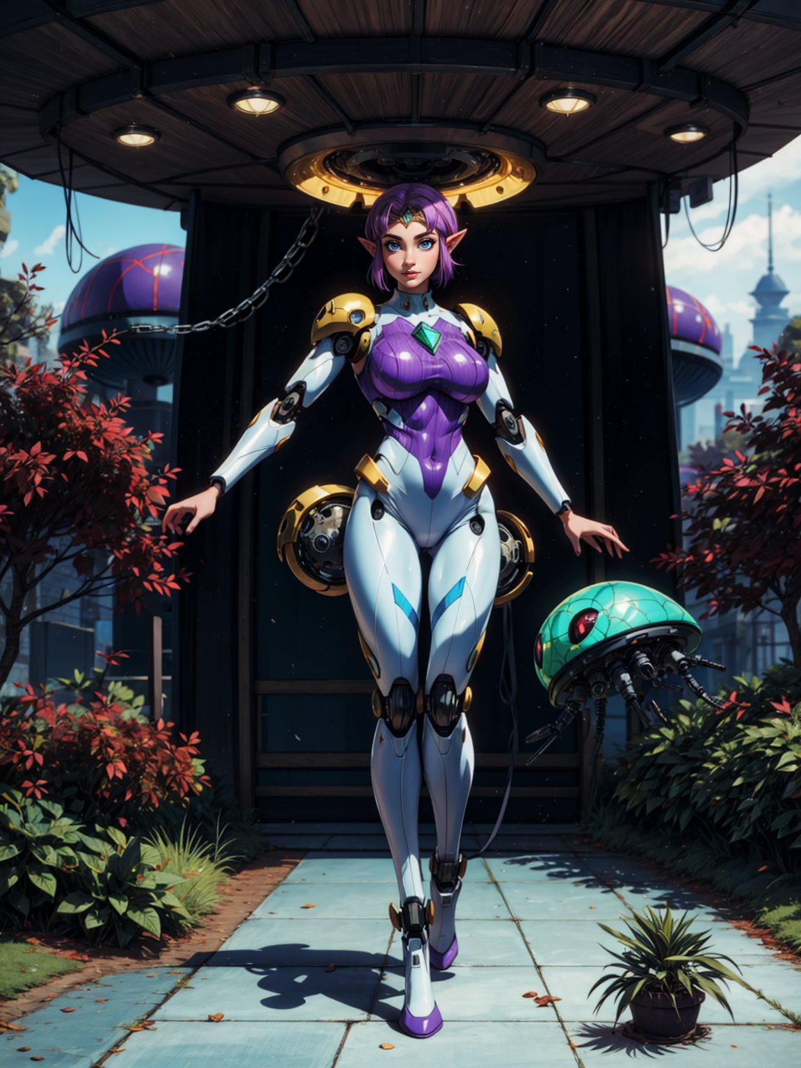 {((Princess Zelda))},  only she is {((white mecha suit with black part,  mechanical gears and cybernetic parts by Ryumaru...