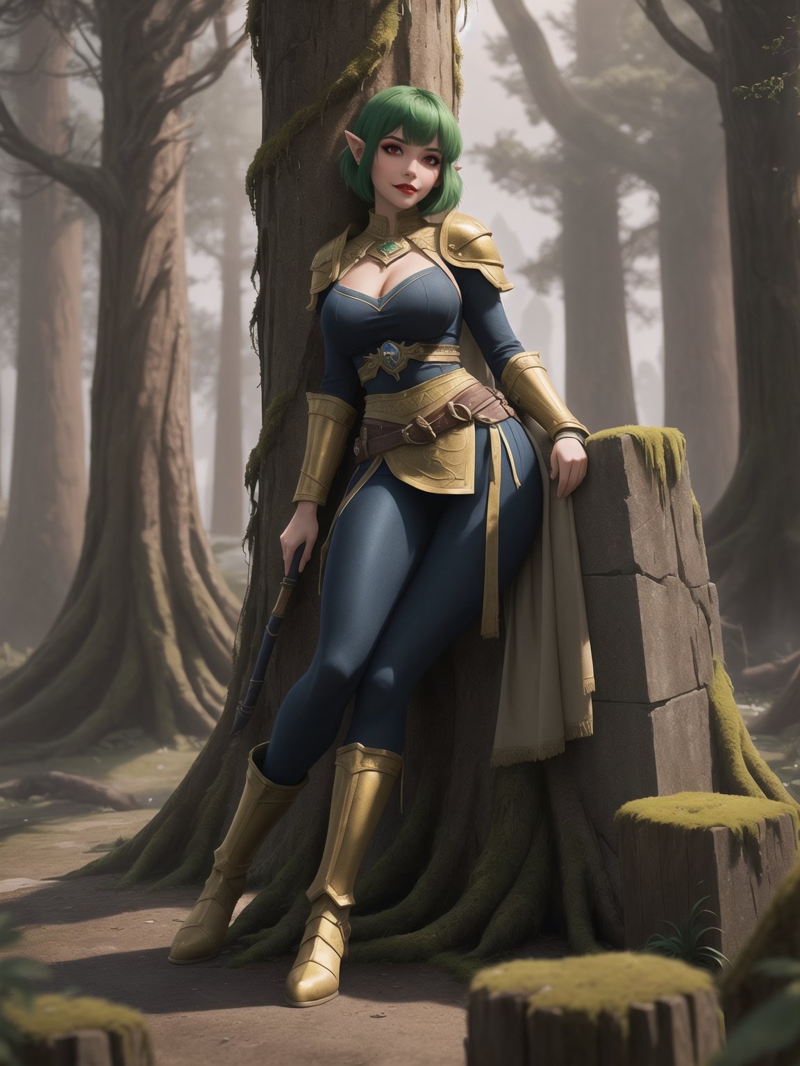 A woman wearing a tight-fitting golden medieval armor with gigantic breasts, green hair with bangs in front of her eyes and very short hair is staring fixedly at the viewer. She is in a completely destroyed castle with many moss-covered stone structures, trees, tree trunks, stone pillars with ancient inscriptions and lots of vegetation. ((She is striking a sensual pose, leaning on anything or object, resting and leaning against herself over it)). ((full body)), warcraft, legend_of_zelda, UHD, best possible quality, ultra detailed, best possible resolution, Unreal Engine 5, professional photography, perfect hand, fingers, hand, perfect, More detail,