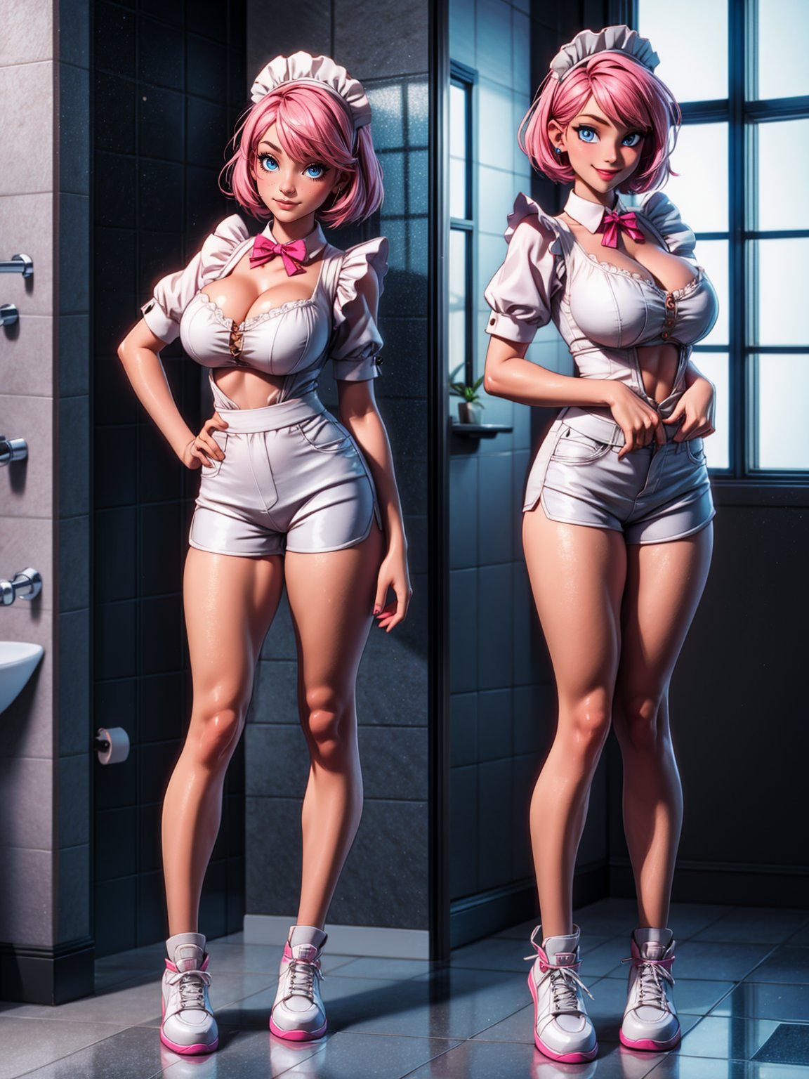 {((1woman))}, only she is {((wearing black maid attire, extremely short and tight white shorts on the body)), only elá has ((giant breasts)), ((very slick pink short hair, blue eyes)), ((staring at the viewer, smiling)), ((pose, in a bathroom, shower, bath, toilet, sink, window, bathroom full of foam))}, ((full body):1.5), 16k, best quality, best resolution, best sharpness,