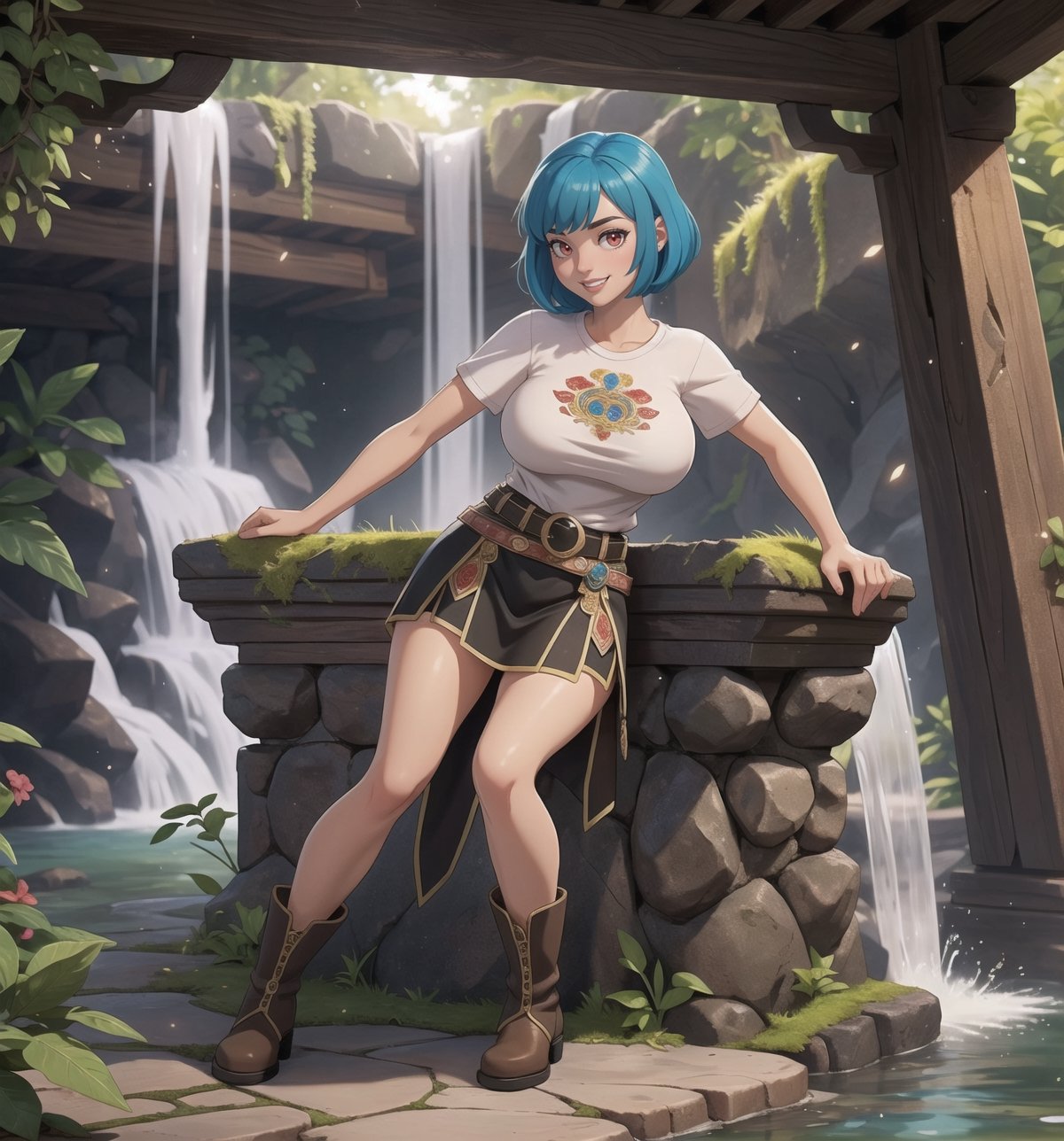 ((Masterpiece in maximum 16K resolution, with the realistic style emphasizing precise textures and details)). | A beautiful 24-year-old mature woman, with short blue hair and large bangs in front of her left eye, is in an ancient temple inside a waterfall, surrounded by various Aztec structures and figurines. She wears a white t-shirt, a short red accordion skirt, brown leather boots, and a black leather belt. Her outfit highlights her gigantic breasts. She looks directly at the viewer with red eyes and smiles evilly, showing her teeth. | The setting includes ancient stone structures, Aztec figurines, tropical vegetation, and falling water in the foreground, with moss-covered stone walls and roots in the midground. | Three-dimensional composition with a medium angle, highlighting the woman's figure and the mystical environment. | With cinematic lighting and elements such as sparkles, soft lighting, softness and particles add dynamism. | Scene of a beautiful mature woman in an ancient temple inside a waterfall, surrounded by various Aztec structures and figurines. | The camera is positioned very close to her, revealing her entire body as she assumes a sensual pose, interacting with and leaning against a structure in the scene in an exciting way. | (((She takes a sensual pose as she interacts, boldly leaning on a structure, leaning back in an exciting way.))), (((((full-body image))))), ((perfect pose, perfect anatomy, perfect body)), ((better hands, perfect fingers, perfect legs, perfect hands)), (((gigantic breasts))), (((perfect composition, perfect design, perfect layout, correct imperfections))), ((More Detail, Enhance)), toon