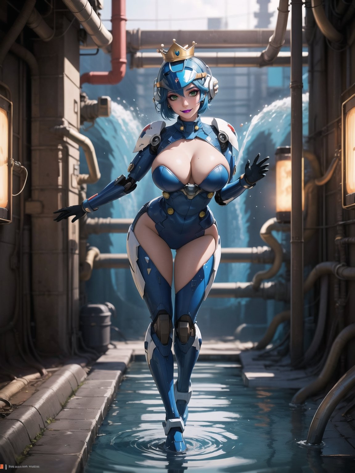 [Princess Peach], has gigantic breasts, wearing mecha costume with parts in blue, mecha costume totally white, mecha costume very tight on the body, ((wearing a crown+cyber helmet)), short hair, blue hair, mohawk hair, hair with bangs in front of her eyes, she is in the sewer, with many pipes coming out water, luminous pipes, large pipe structures, dirty water waterfall, Super Mario Bros, 16K, UHD, best possible quality, ultra detailed, best possible resolution, ultra technological, futuristic, robotic, Unreal Engine 5, professional photography, she is, ((sensual pose with interaction and leaning on anything + object + on something + leaning against)), perfect anatomy, ((full body)), More detail, better_hands.